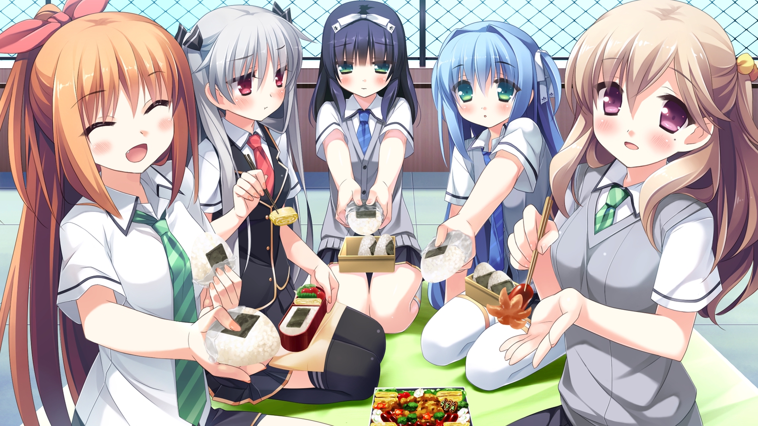 black_hair, blue_hair, blush, brown_hair, cube, food, game_cg, gray_hair
