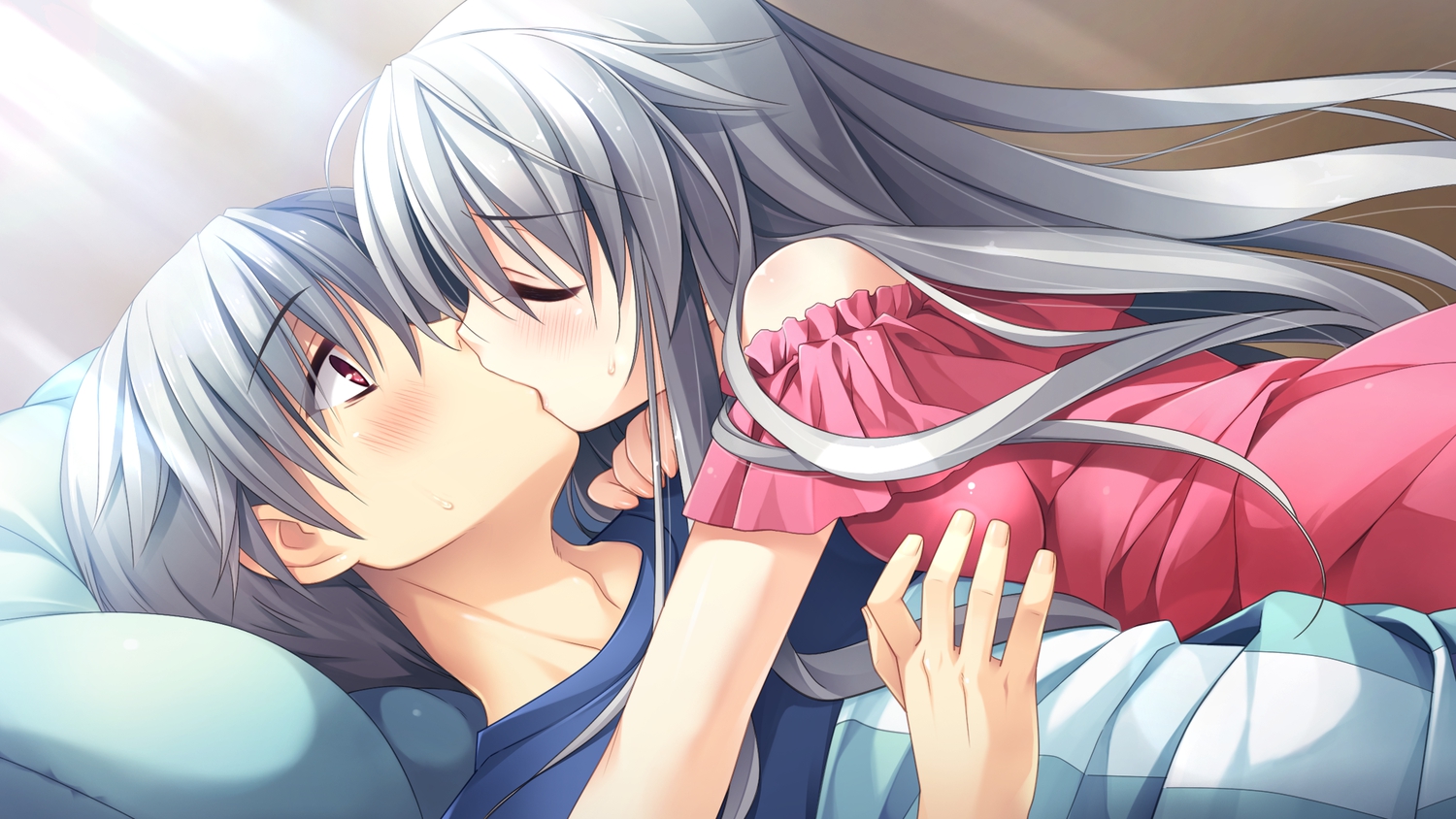 bed, blush, cube, game_cg, gray_hair, kanekiyo_miwa, kiss, kurano_kazuya