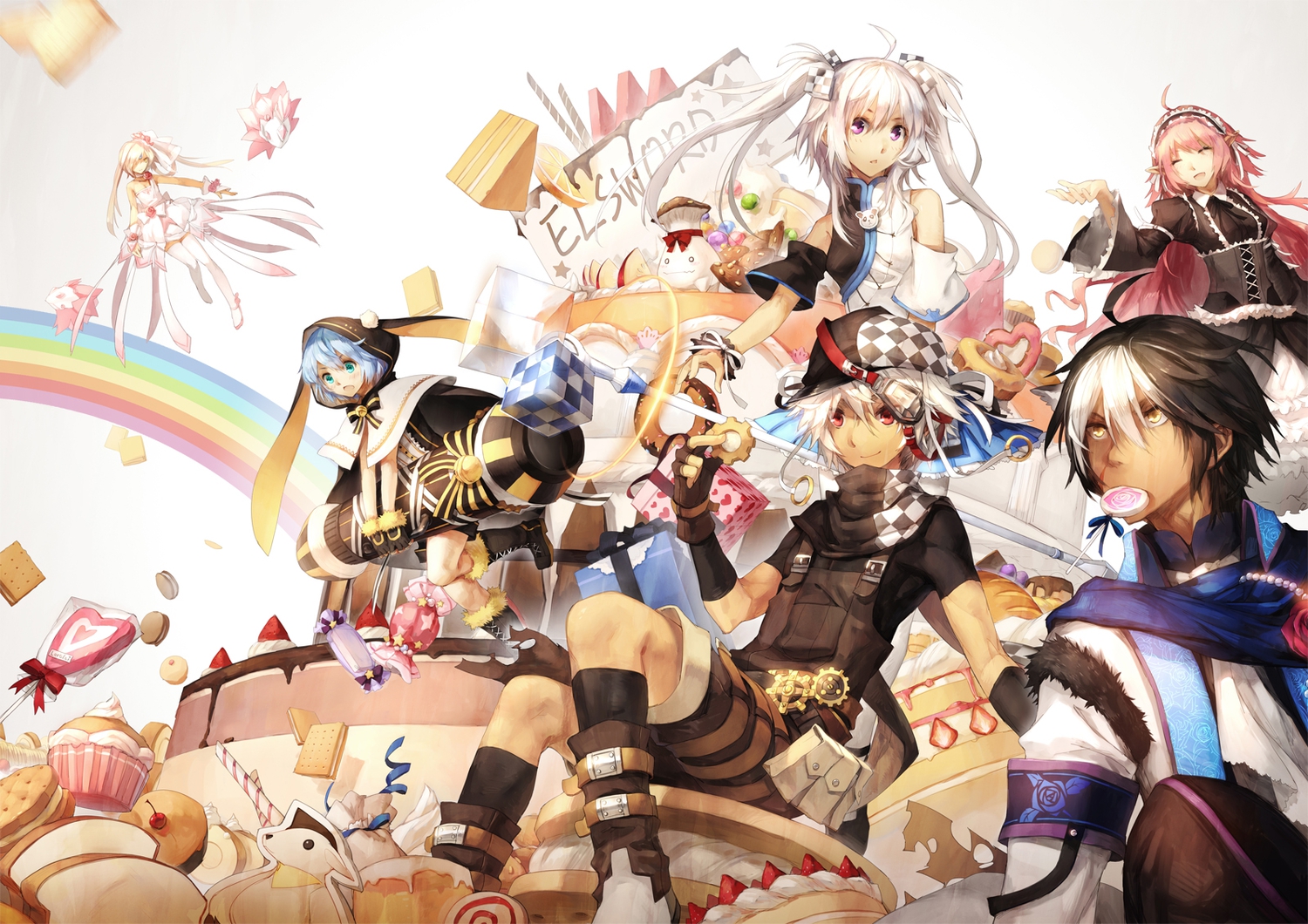 aisha_(elsword), aqua_eyes, black_hair, blue_hair, bow, chung_(elsword), dark_skin, dress