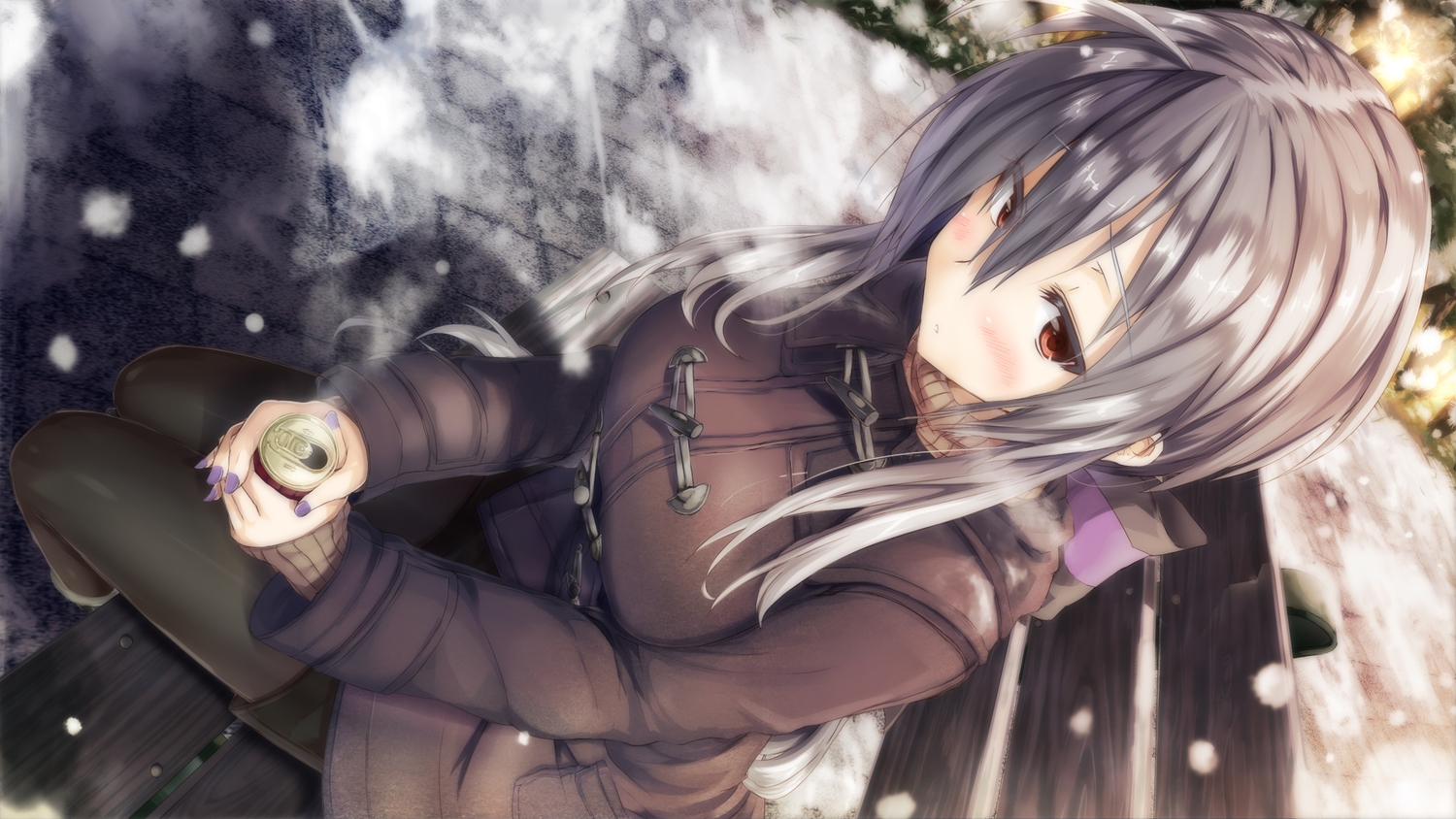 brown_eyes, daidou_(demitasse), drink, gray_hair, scarf, snow, vocaloid, winter, yowane_haku