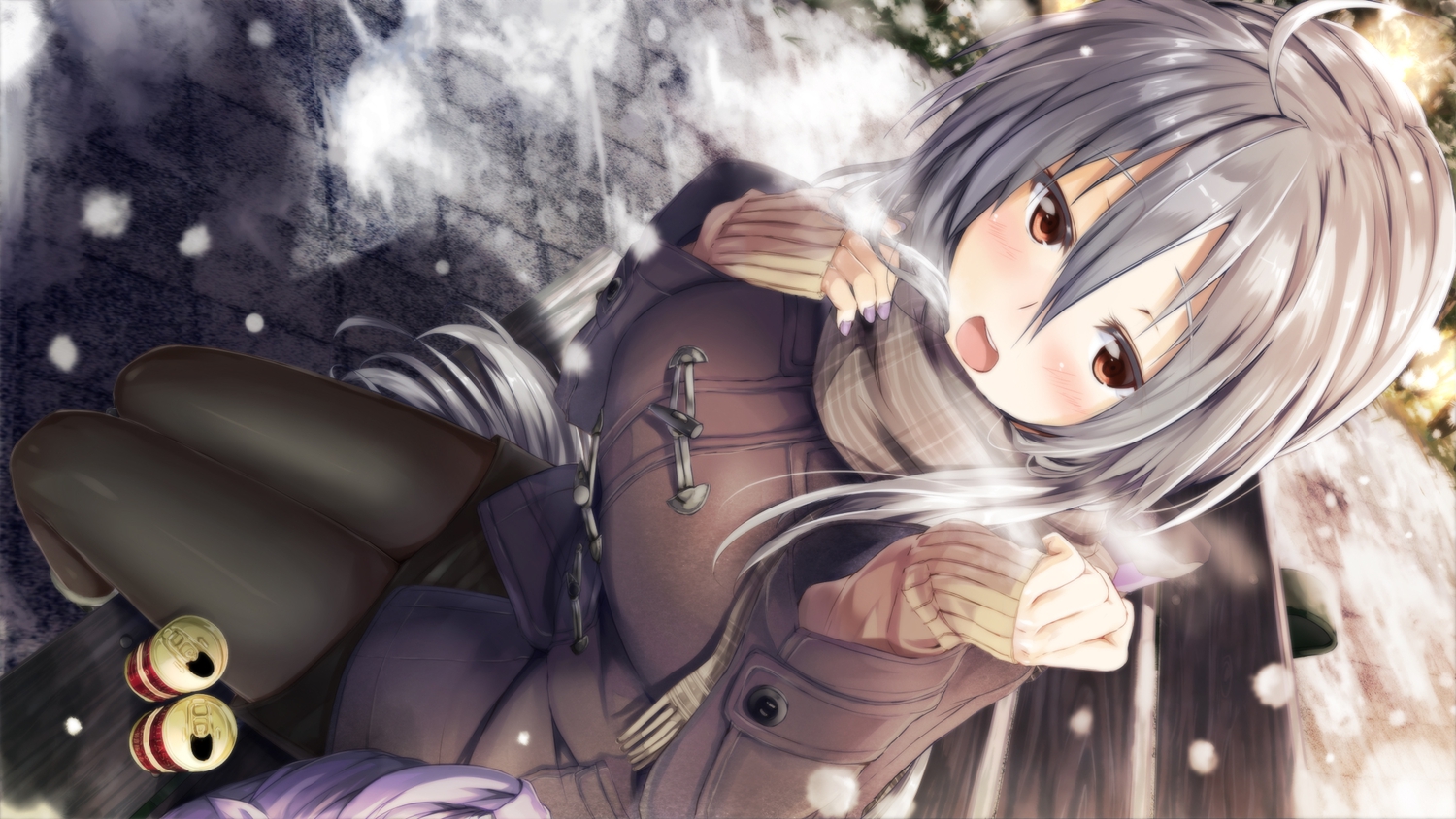 brown_eyes, daidou_(demitasse), gray_hair, long_hair, scarf, snow, vocaloid, yowane_haku