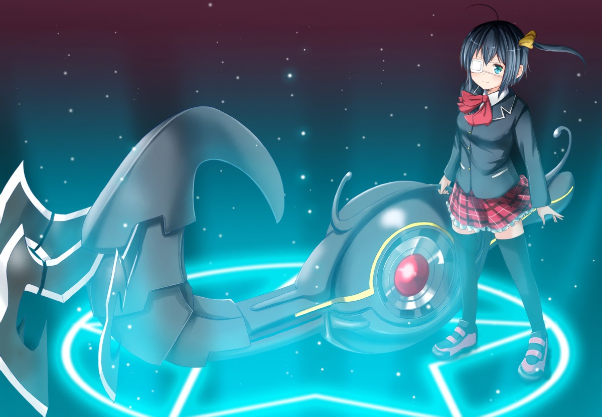 black_hair, chuunibyou_demo_koi_ga_shitai!, eyepatch, ok-ray, school_uniform, takanashi_rikka, thighhighs, weapon