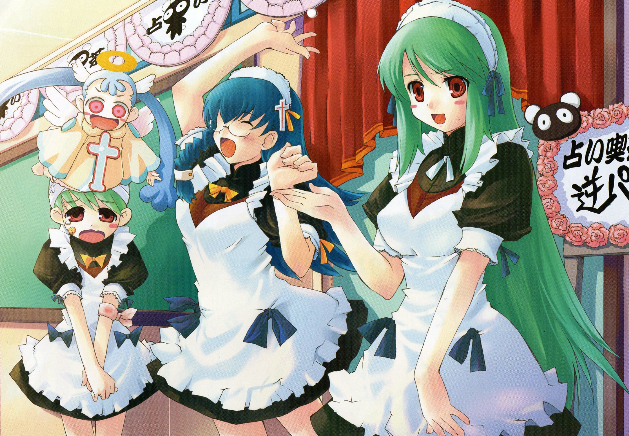 abe_maria, angel, bandage, bandaid, blue_hair, bow, cross, crying, doki_doki_majo_shinpan, glasses, green_hair, gyaku_panda, halo, headdress, lulu_(doki_doki_majo_shinpan), maid, makita_yoshiharu, midoh_ayame, mochizuki_yuuma, pink_eyes, red_eyes, ribbons, scan, tears
