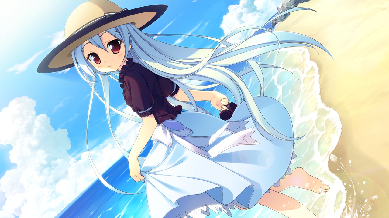 aete_mushisuru_kimi_to_no_mirai_~relay_broadcast~, alcot, barefoot, beach, blue_hair, dress, game_cg, hat