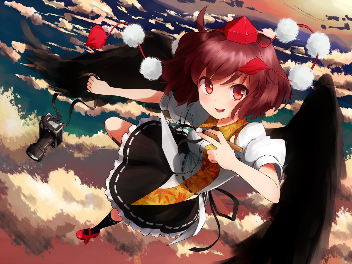 black_hair, camera, clouds, hat, orange-pengin, red_eyes, shameimaru_aya, short_hair, skirt, sky, touhou, wings
