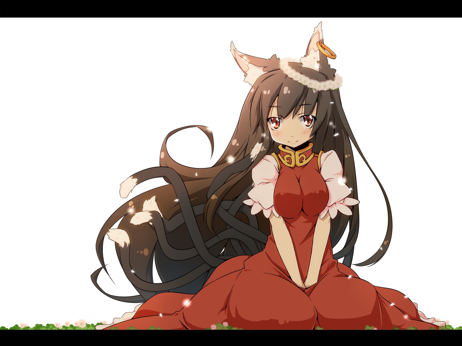animal_ears, black_hair, catgirl, chen, dress, haruyonoto, long_hair, multiple_tails, red_eyes, tail, touhou