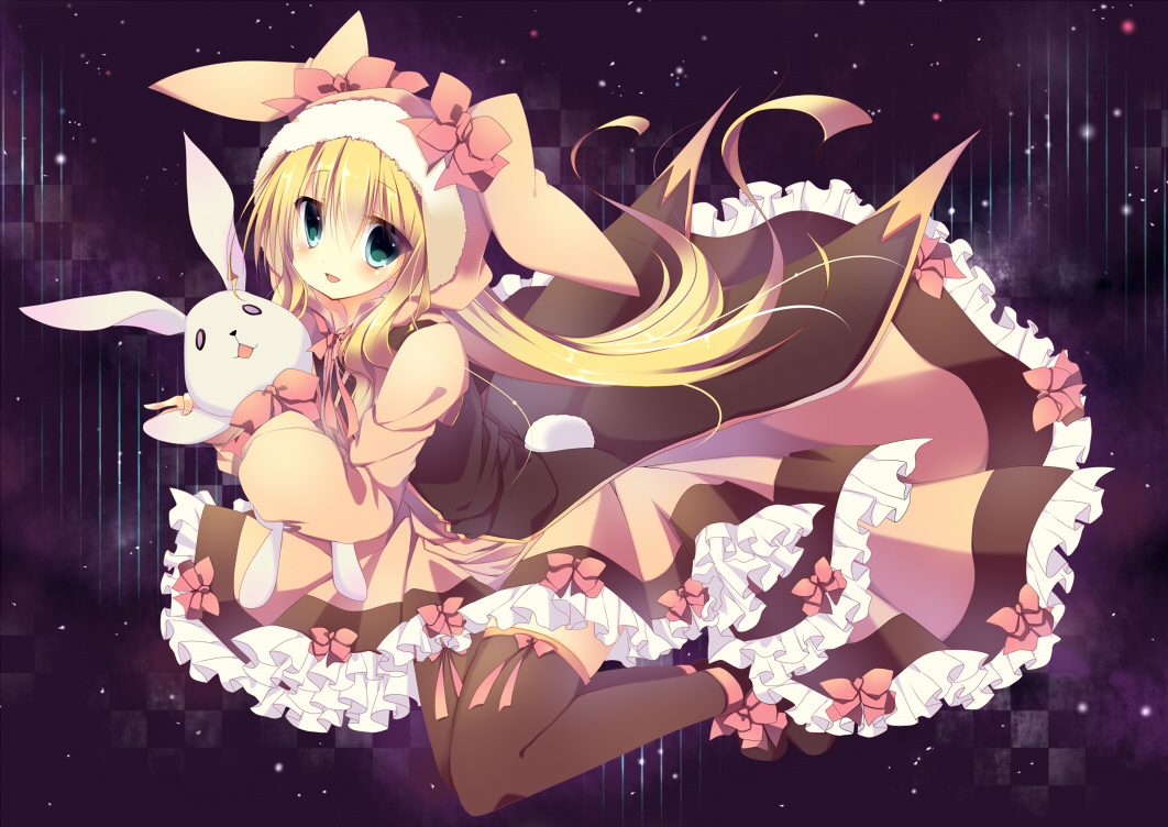 blonde_hair, bow, dress, green_eyes, long_hair, original, thighhighs, umi_no_mizu