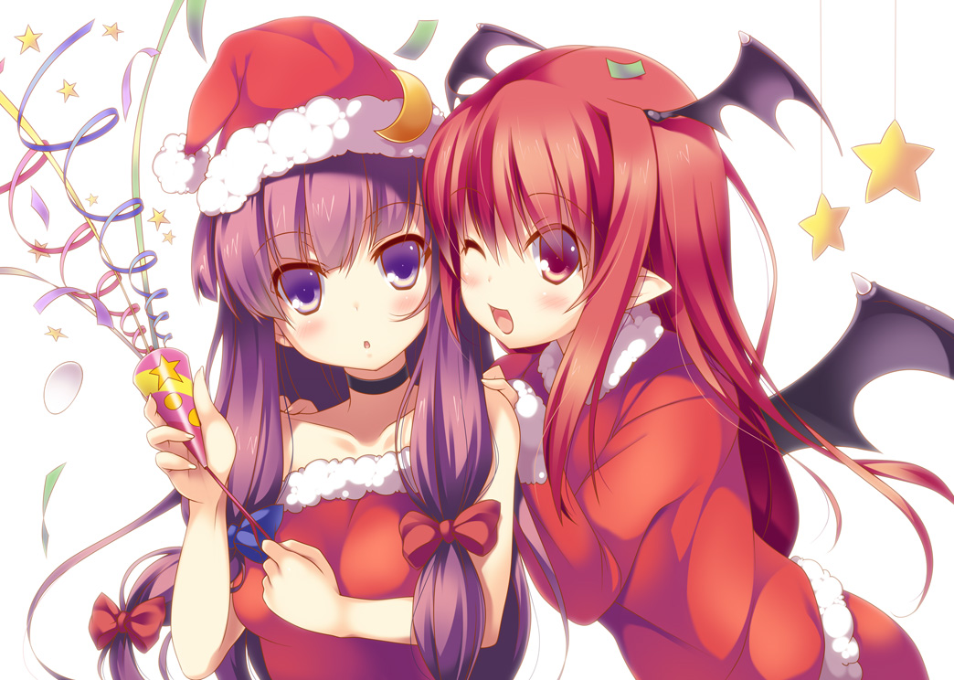 2girls, blue_eyes, bow, choker, christmas, demon, koakuma, long_hair, patchouli_knowledge, pointed_ears, purple_hair, red_eyes, red_hair, touhou, twintails, wings, yanagi_yuu