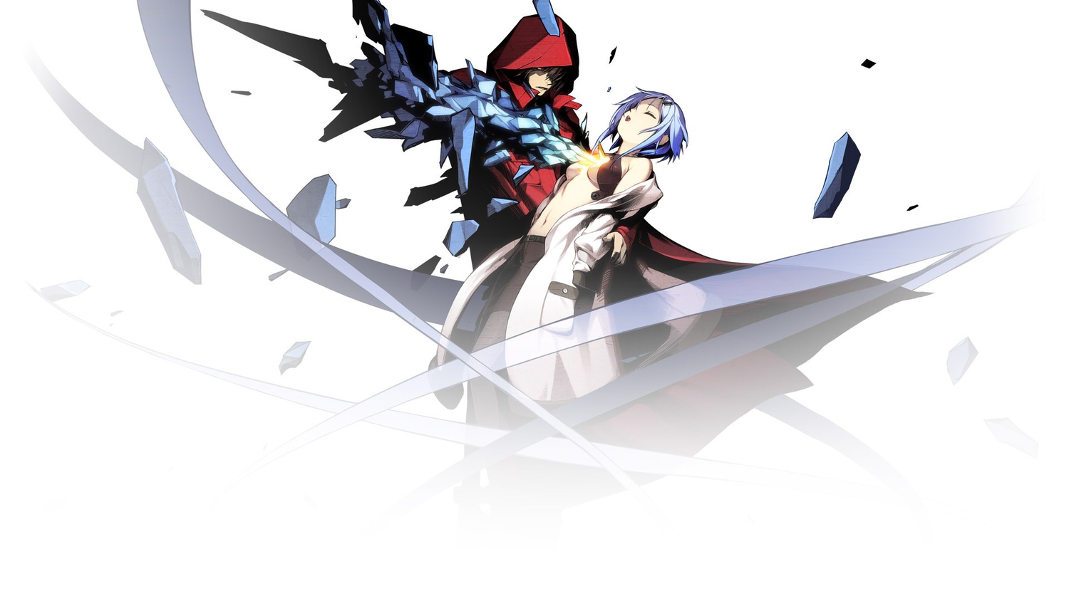 blue_hair, breasts, brown_hair, carol, guilty_crown, guilty_crown_lost_christmas, jpeg_artifacts, navel