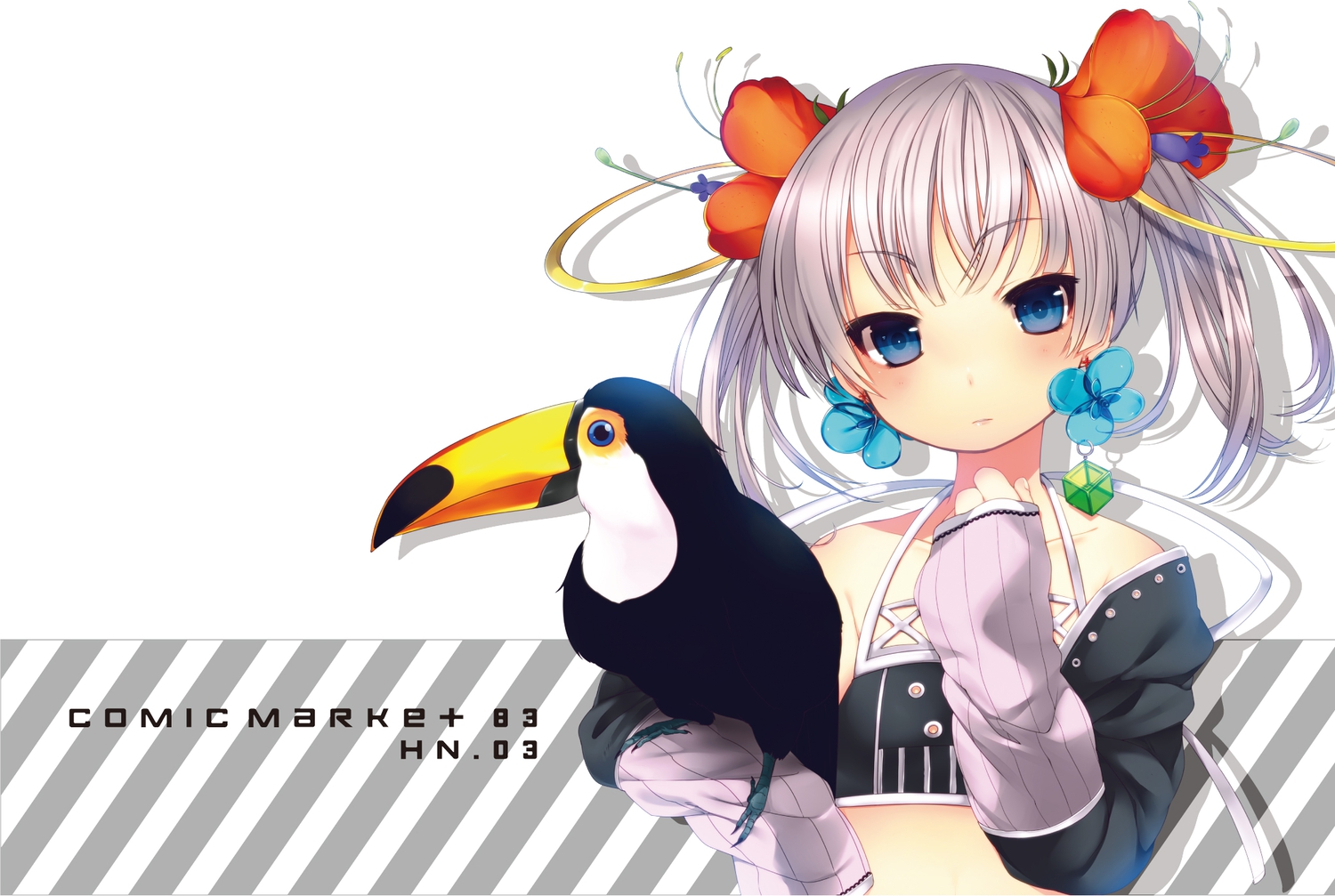 animal, bird, blue_eyes, dancho_(dancyo), flowers, gray_hair, loli, original