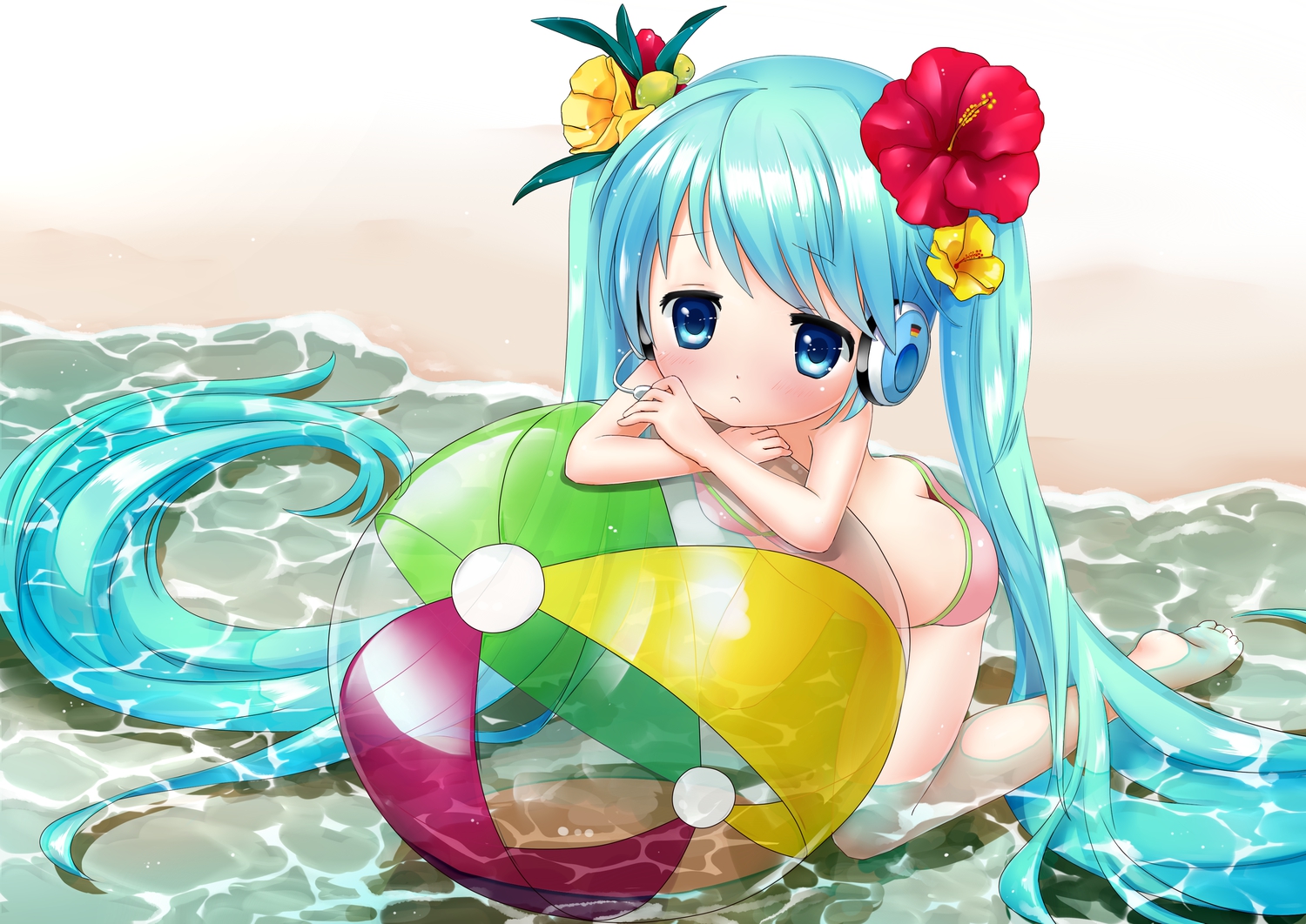 ball, barefoot, beach, bikini, blue_eyes, blue_hair, hatsune_miku, headphones, loli, long_hair, swimsuit, vocaloid, water, yuunagi_show