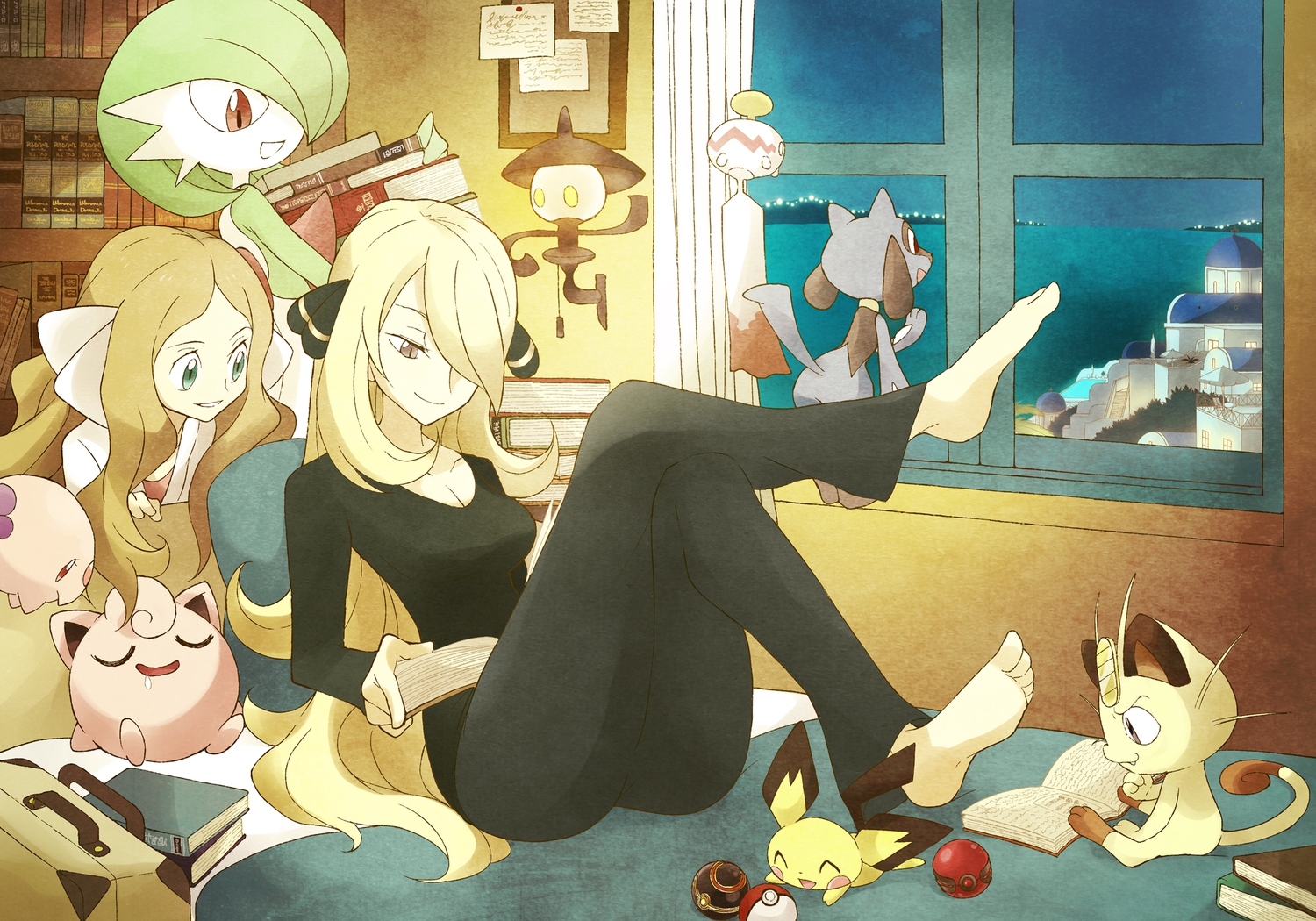 2girls, barefoot, bed, book, cattleya_(pokemon), gardevoir, jigglypuff, meowth, munna, pichu, pokemon, riolu, shirona, souji