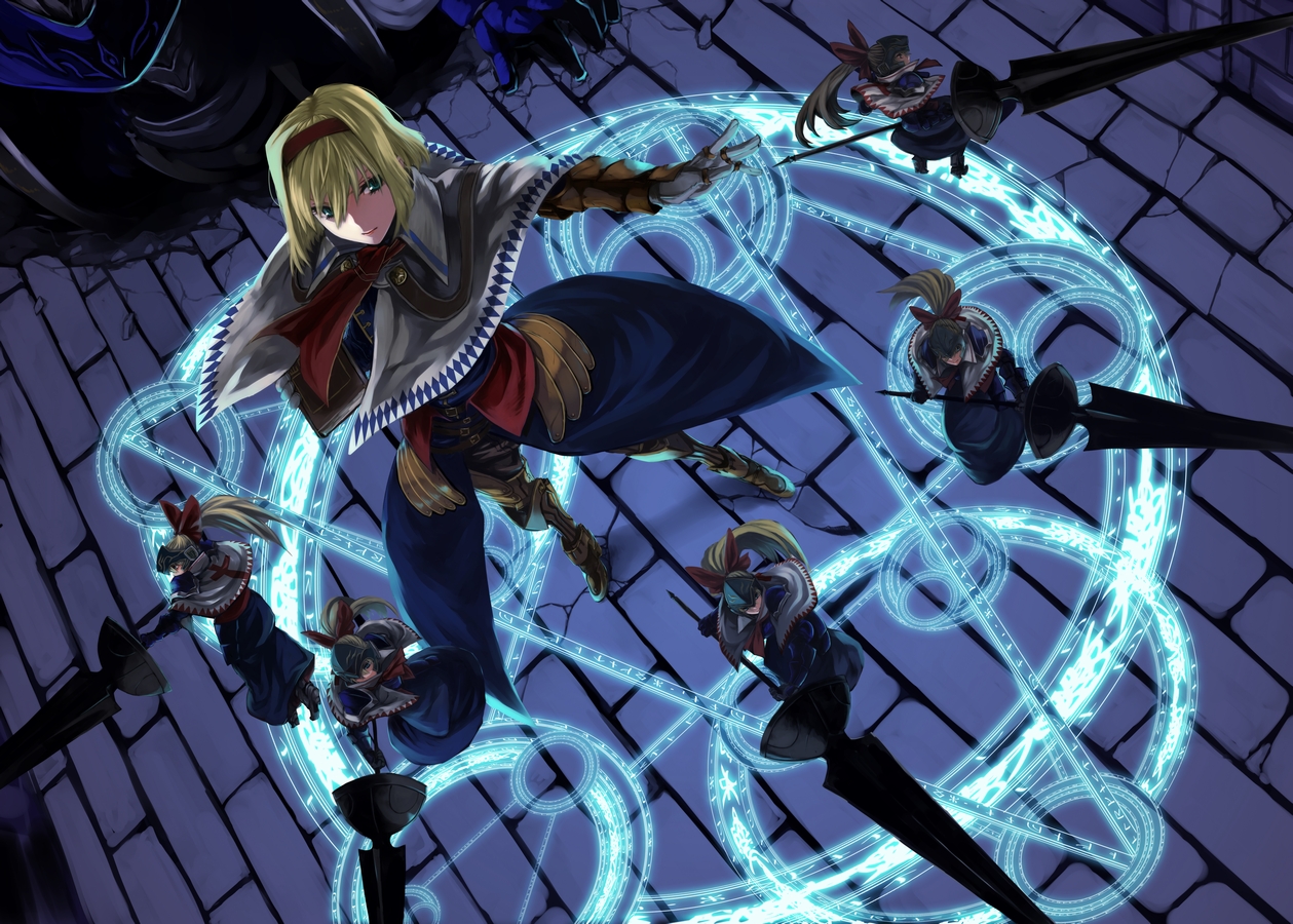 alice_margatroid, armor, blonde_hair, book, bow, doll, dress, green_eyes, headband, hinomoto_madoka, long_hair, mage, magic, ponytail, shanghai_doll, short_hair, spear, touhou, weapon