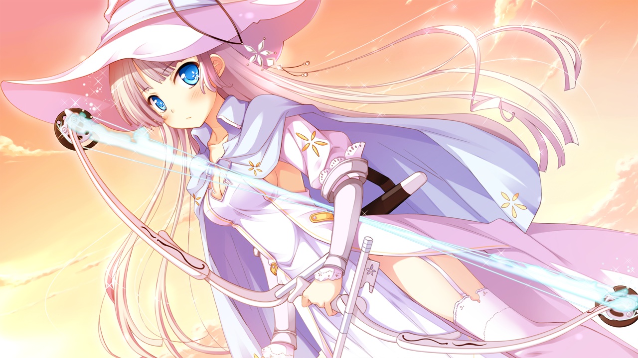 aqua_eyes, blonde_hair, bow_(weapon), game_cg, ko~cha, long_hair, weapon, witch's_garden