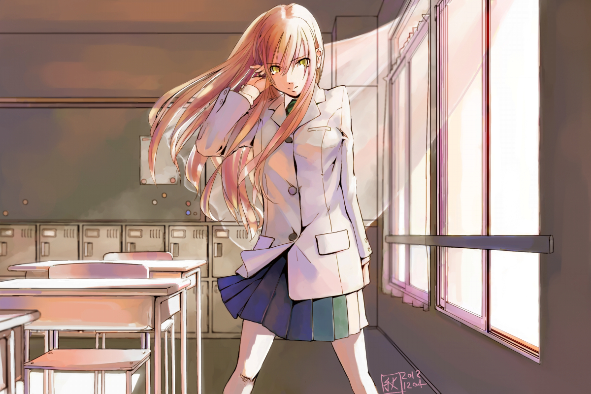 blonde_hair, chitose_shuusui, long_hair, original, school_uniform, skirt, yellow_eyes