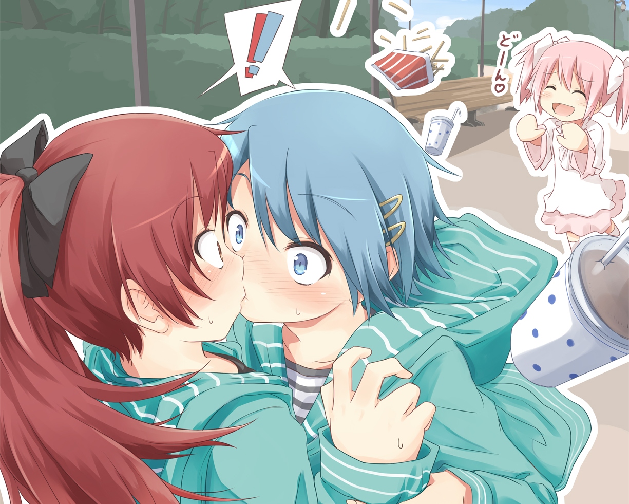 blue_eyes, blue_hair, blush, hood, kaname_madoka, kiss, long_hair, mahou_shoujo_madoka_magica, miki_sayaka, pink_hair, red_eyes, red_hair, sakura_kyouko, short_hair, shoujo_ai, tatsuno_ryou