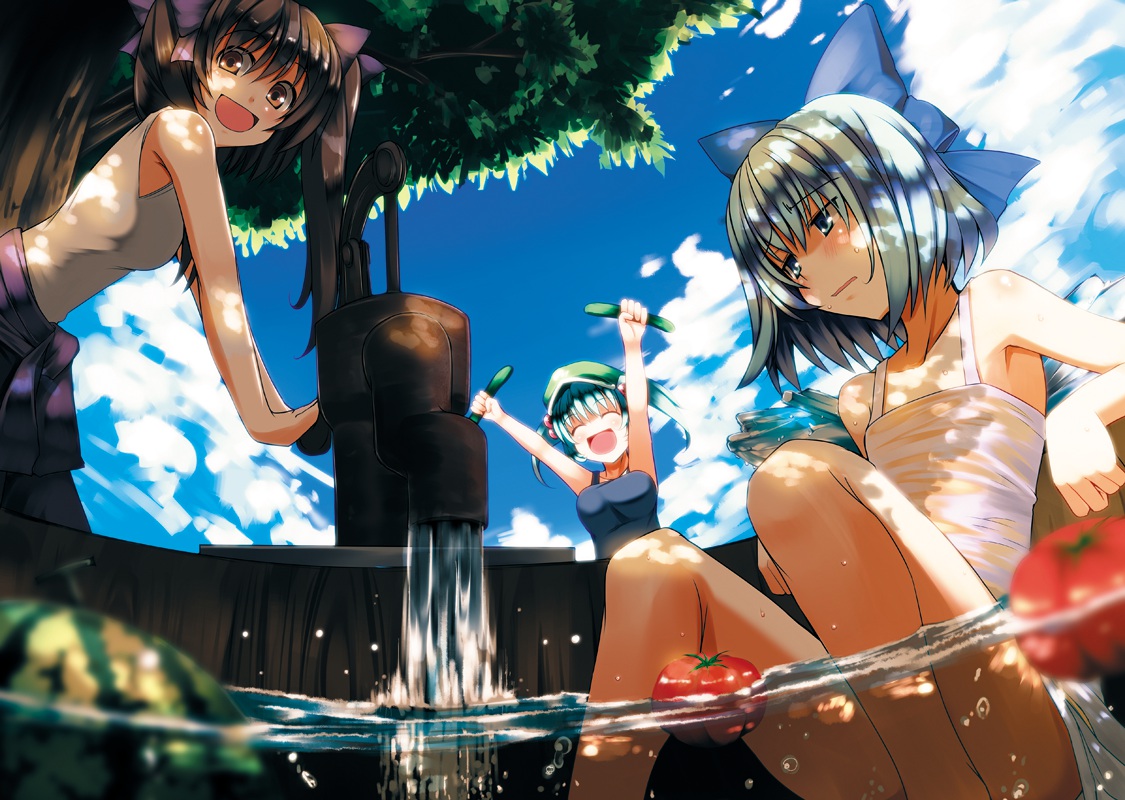 cirno, fairy, food, fruit, himekaidou_hatate, iwanori, kawashiro_nitori, short_hair, touhou, twintails, water, watermelon, wet