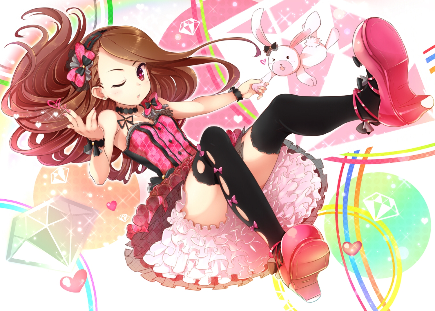 brown_hair, bunny, dress, idolmaster, minase_iori, minazuki_randoseru, pink_eyes, thighhighs, wink