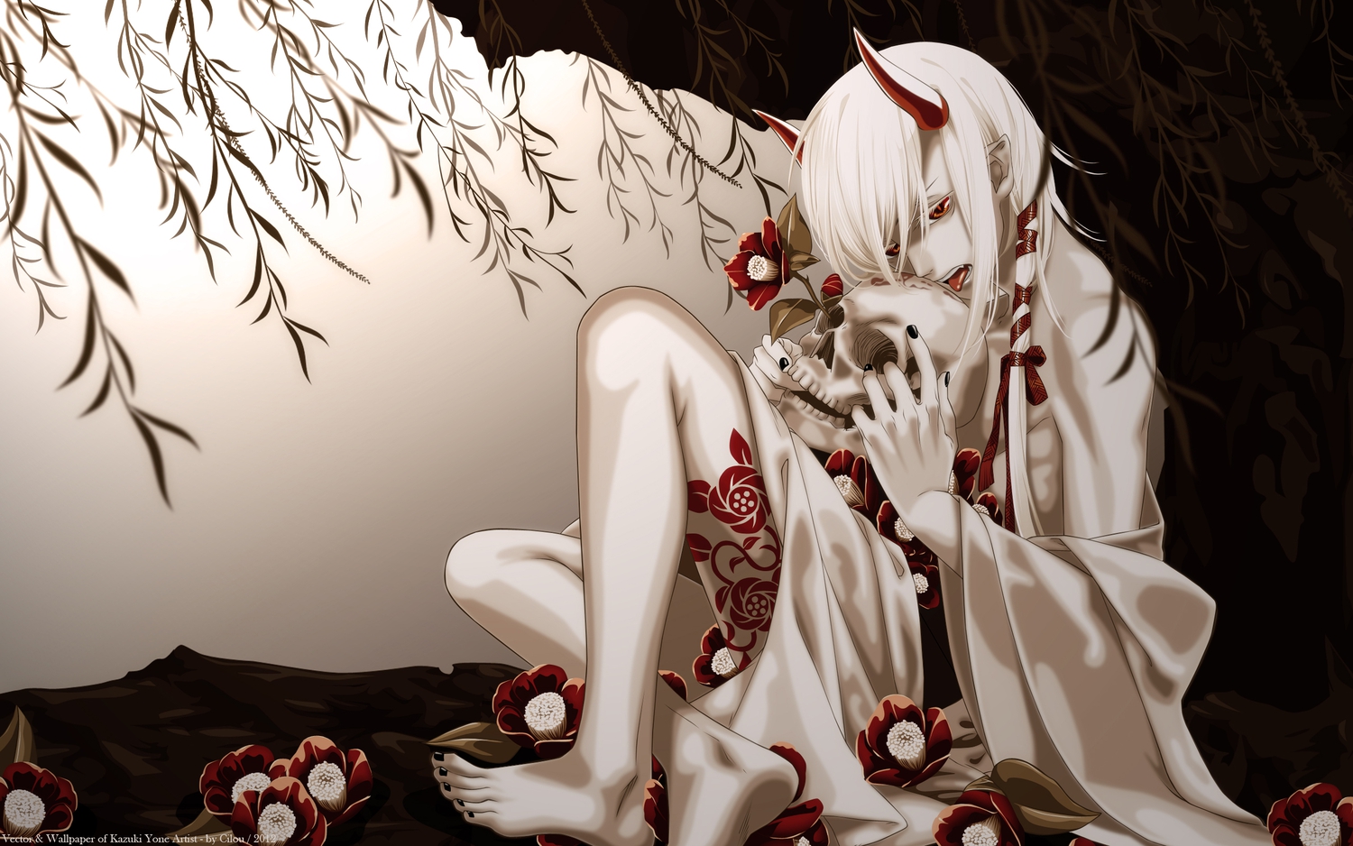 demon, horns, japanese_clothes, red_eyes, vector, white_hair, yone_kazuki, yukata