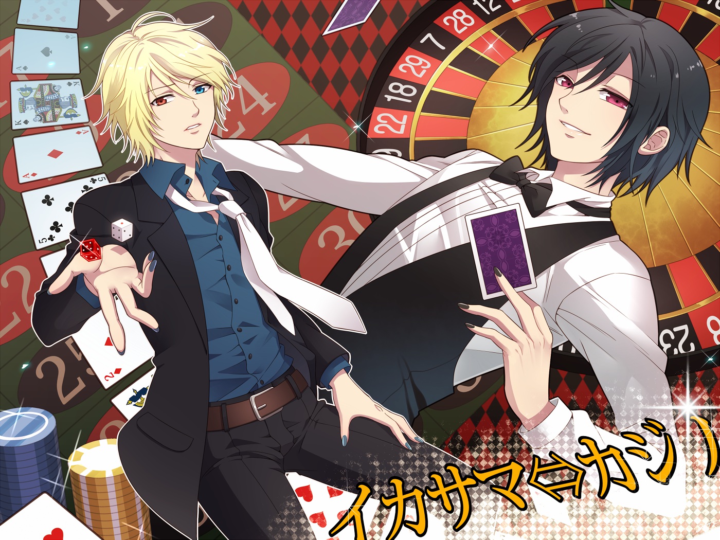 all_male, bicolored_eyes, black_hair, blonde_hair, male, milcho, pink_eyes, short_hair
