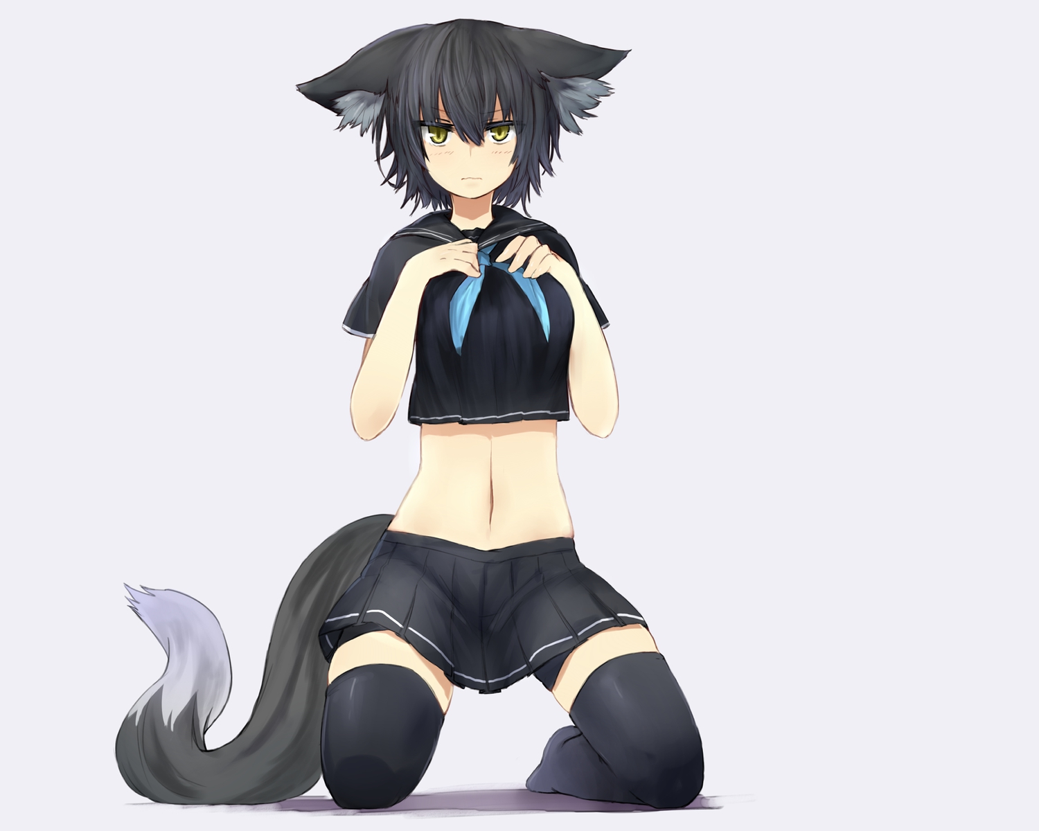 animal_ears, bike_shorts, black_hair, blush, ganesagi, gray, nanako_(ganesagi), navel