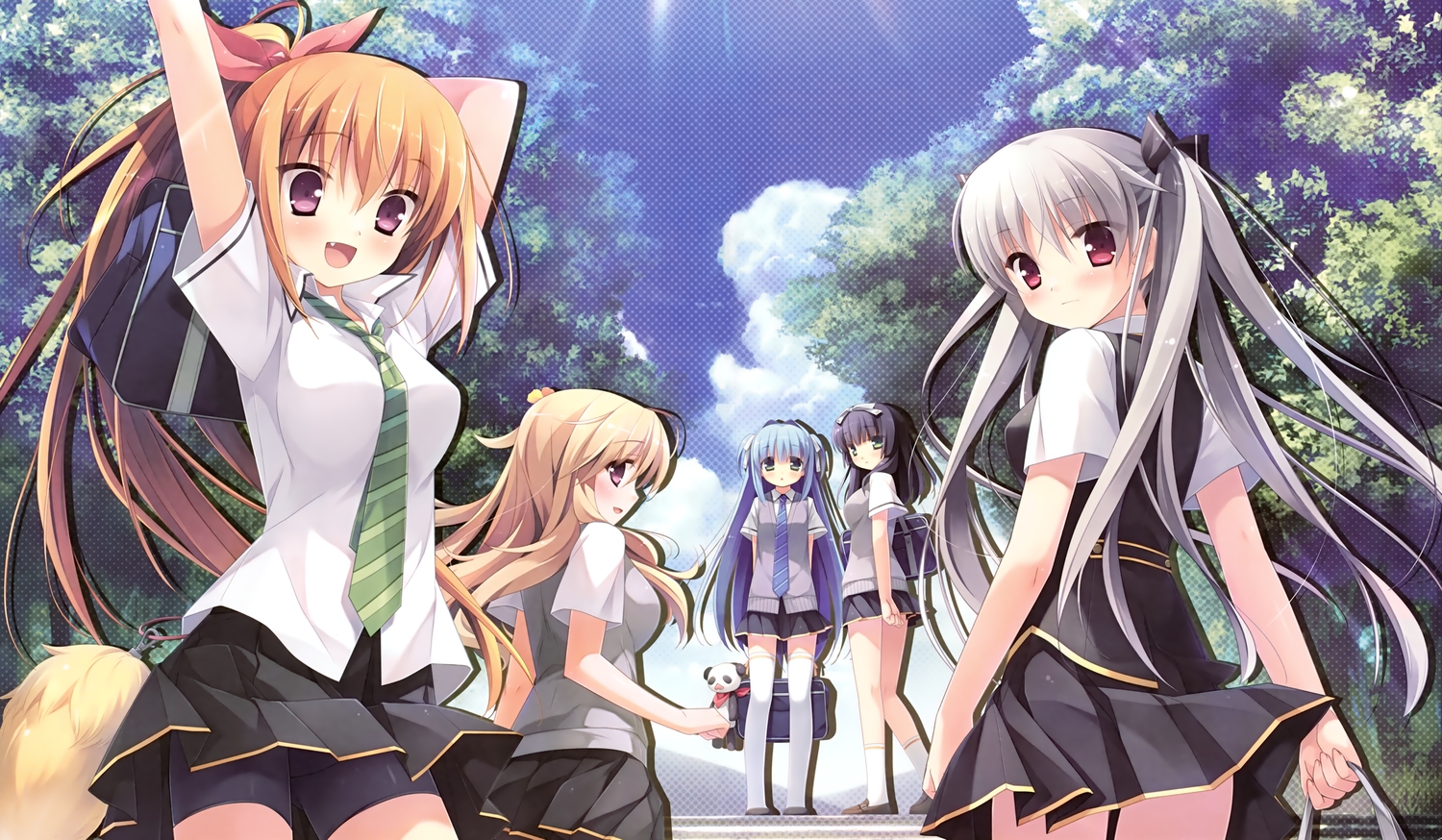 bike_shorts, black_hair, blue_hair, blush, brown_hair, cube, fang, gray_hair