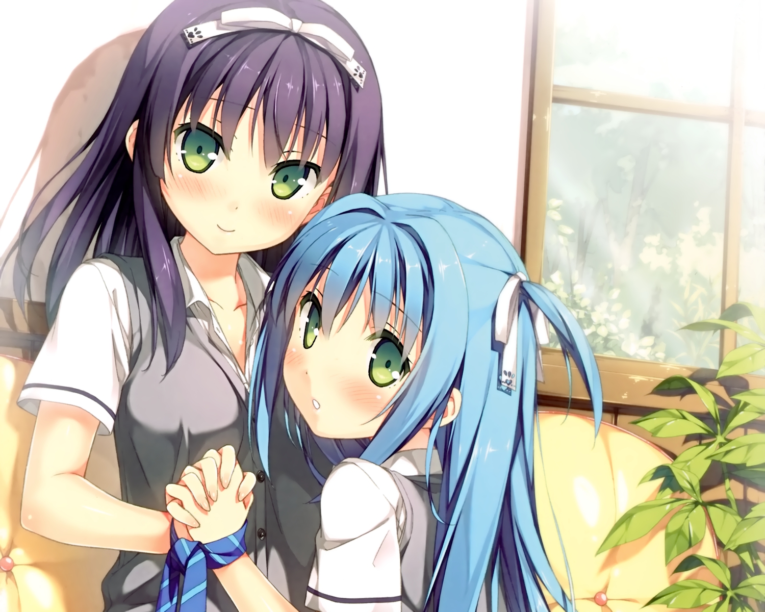 2girls, black_hair, blue_hair, blush, cropped, cube, green_eyes, kantoku