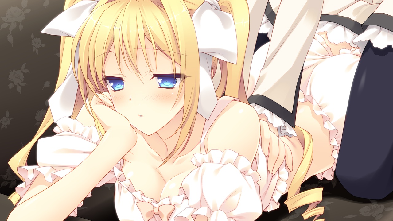 blonde_hair, blue_eyes, breasts, cleavage, game_cg, navel_(company), suzuhira_hiro, tsuki_ni_yorisou_otome_no_sahou