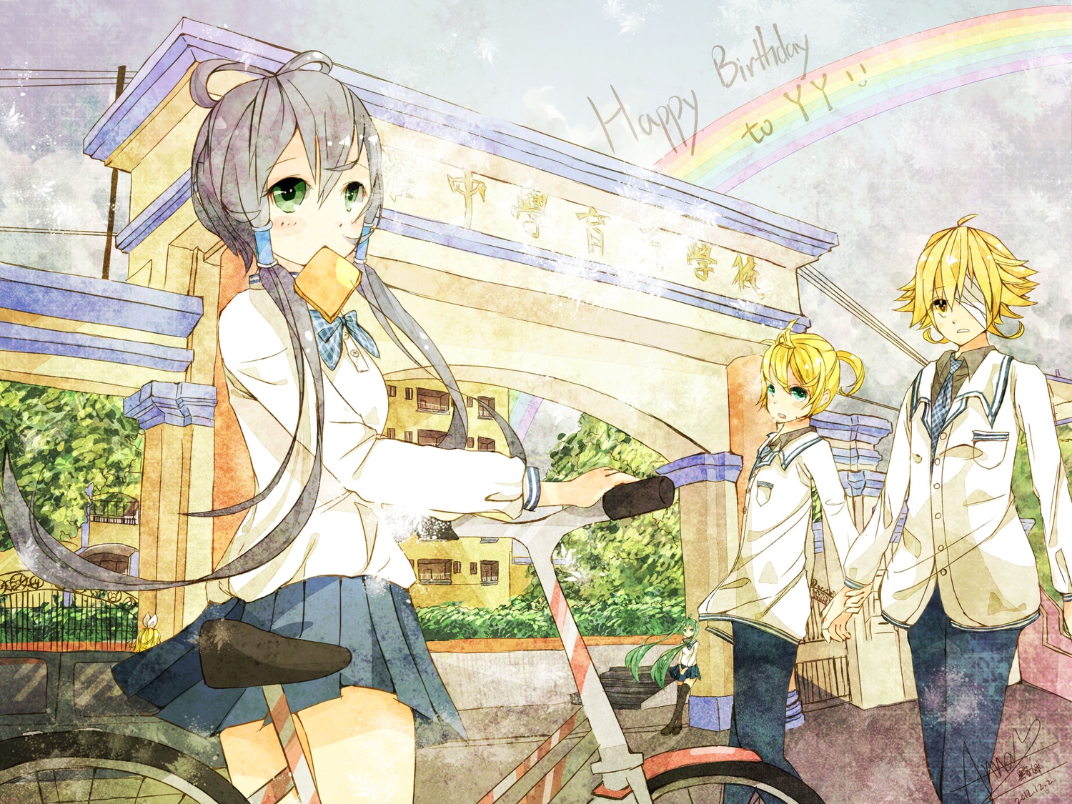 anna_(anna1997), bicycle, blonde_hair, blue_eyes, eyepatch, food, gray_hair, green_eyes, green_hair, group, hatsune_miku, jpeg_artifacts, kagamine_len, kagamine_rin, long_hair, luo_tianyi, male, oliver, rainbow, school_uniform, short_hair, signed, skirt, thighhighs, tie, translation_request, twintails, vocaloid, vsinger, yellow_eyes