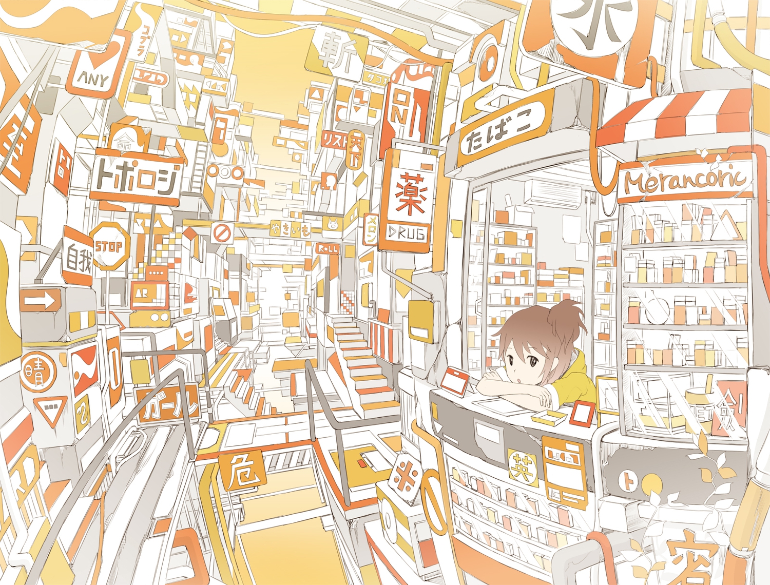 brown_eyes, brown_hair, building, hebitsukai, monochrome, orange, original, stairs, translation_request