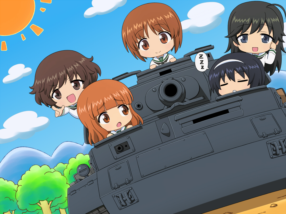 akiyama_yukari, chibi, combat_vehicle, girls_und_panzer, group, isuzu_hana, nishizumi_miho, pikuharu, reizei_mako, sky, takebe_saori, tree