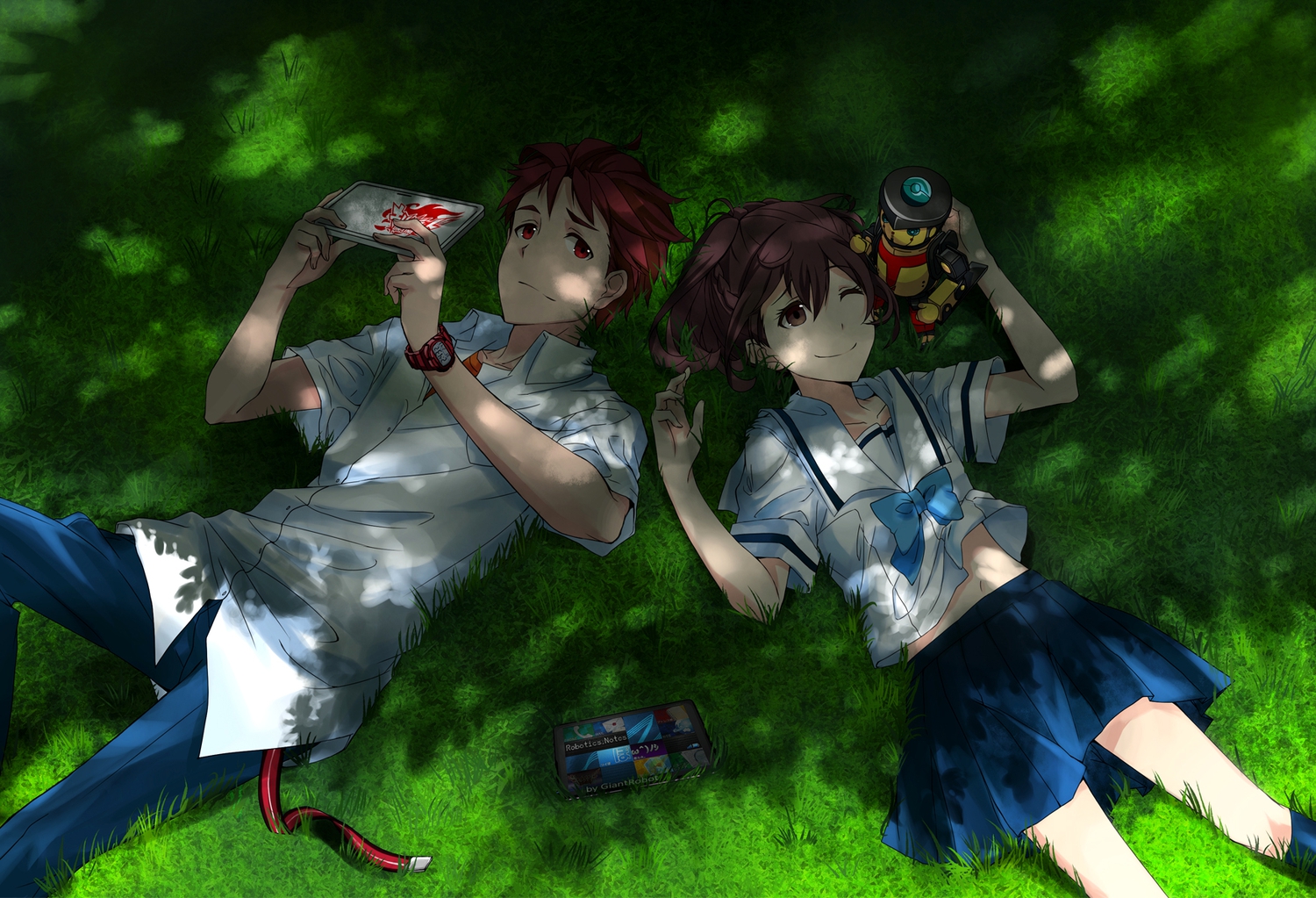 bow, brown_eyes, brown_hair, d_midiror, grass, navel, red_eyes, red_hair, robotics;notes, school_uniform, senomiya_akiho, short_hair, skirt, yashio_kaito