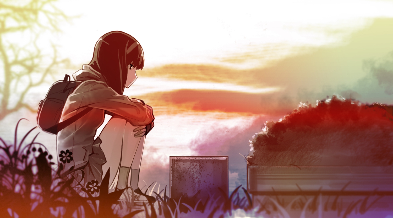 black_hair, grass, ladic, long_hair, original, school_uniform, skirt, sky