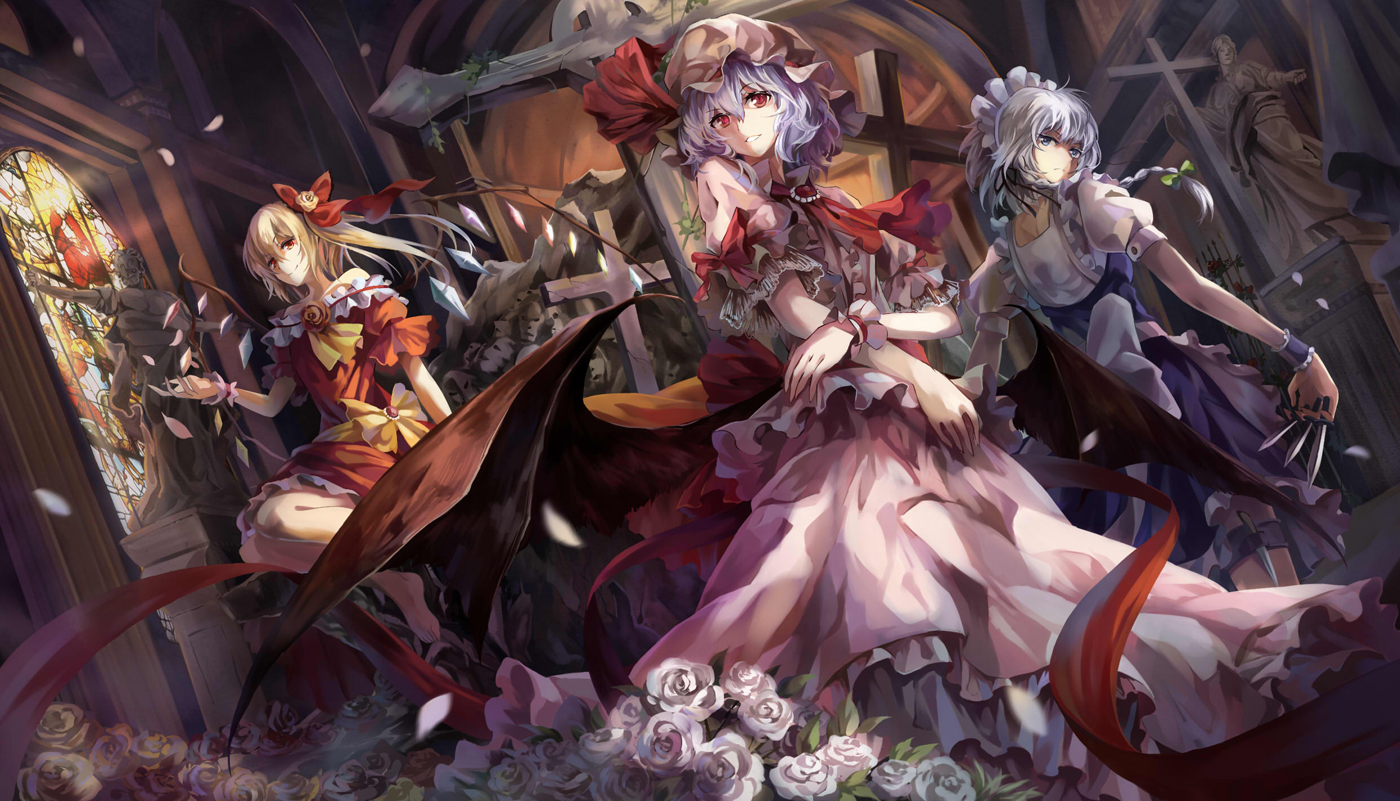 flandre_scarlet, flowers, izayoi_sakuya, knife, maid, neko_(yanshoujie), petals, remilia_scarlet, touhou, vampire