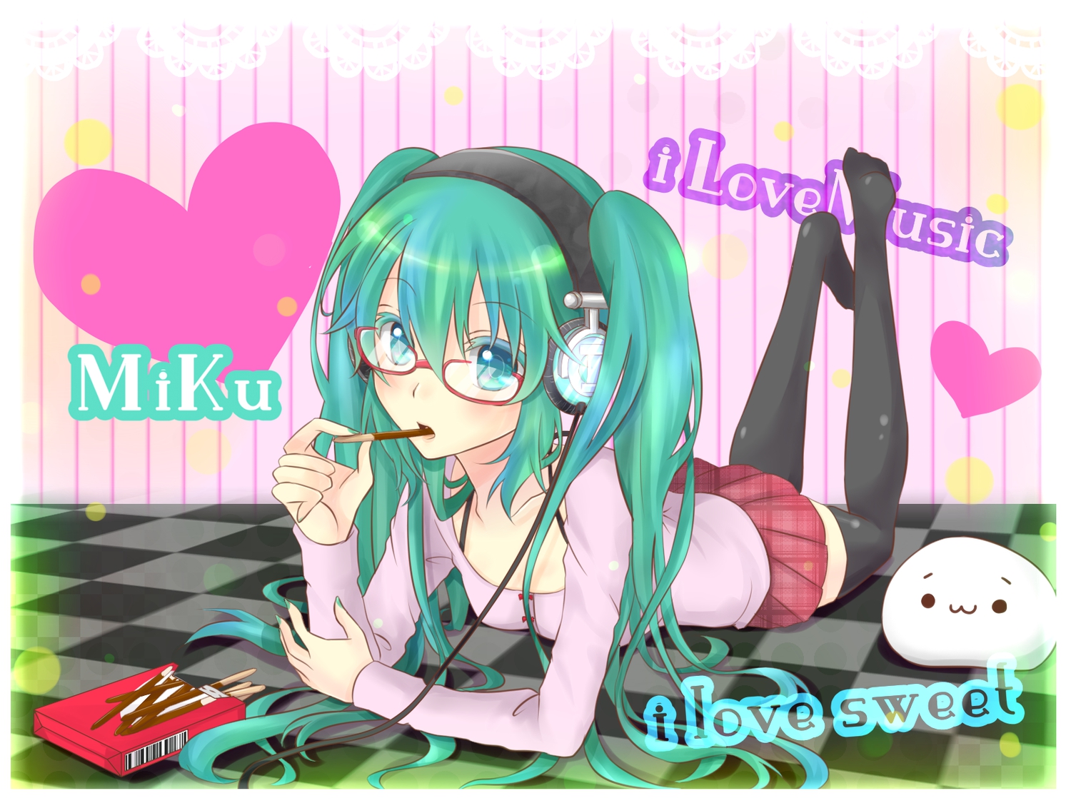 aoi_(kiyokiyoaomushi), blue_hair, food, glasses, hatsune_miku, headphones, pocky, twintails, vocaloid