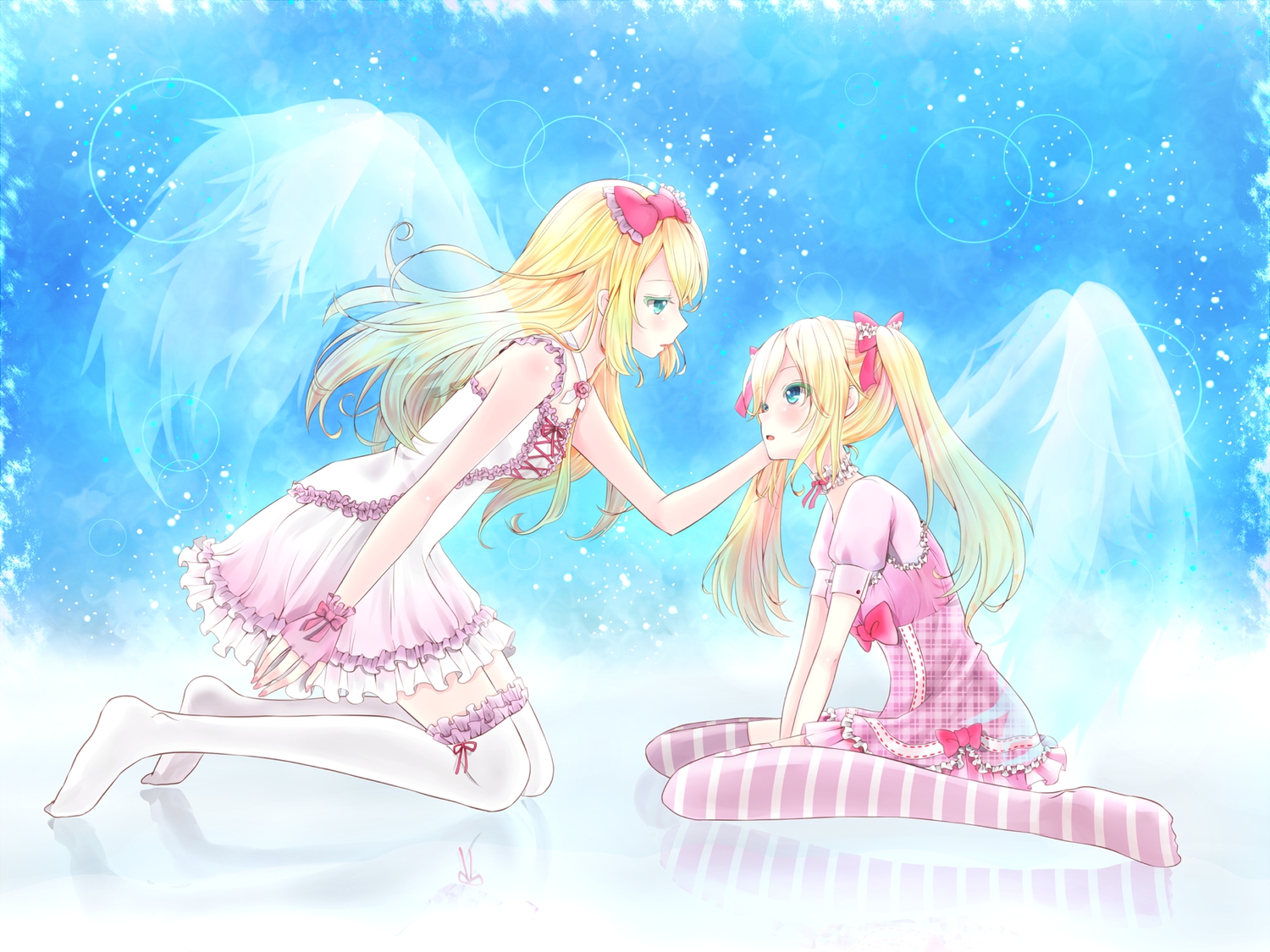 2girls, aoi_(kiyokiyoaomushi), blonde_hair, blue_eyes, jpeg_artifacts, original, thighhighs, twintails, wings