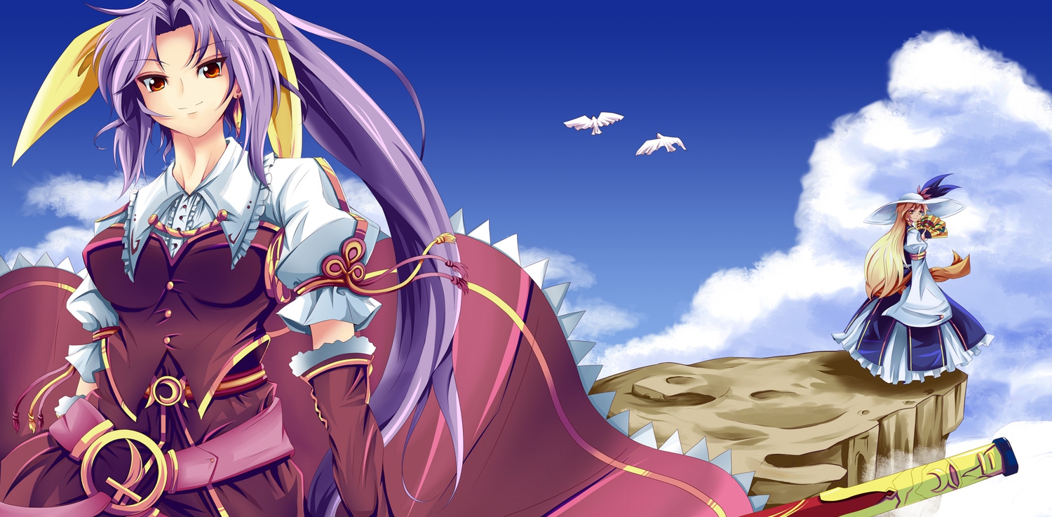 animal, azusayumi_meme, bird, blonde_hair, clouds, dress, elbow_gloves, fan, gloves, hat, long_hair, purple_hair, touhou, watatsuki_no_toyohime, watatsuki_no_yorihime, yellow_eyes