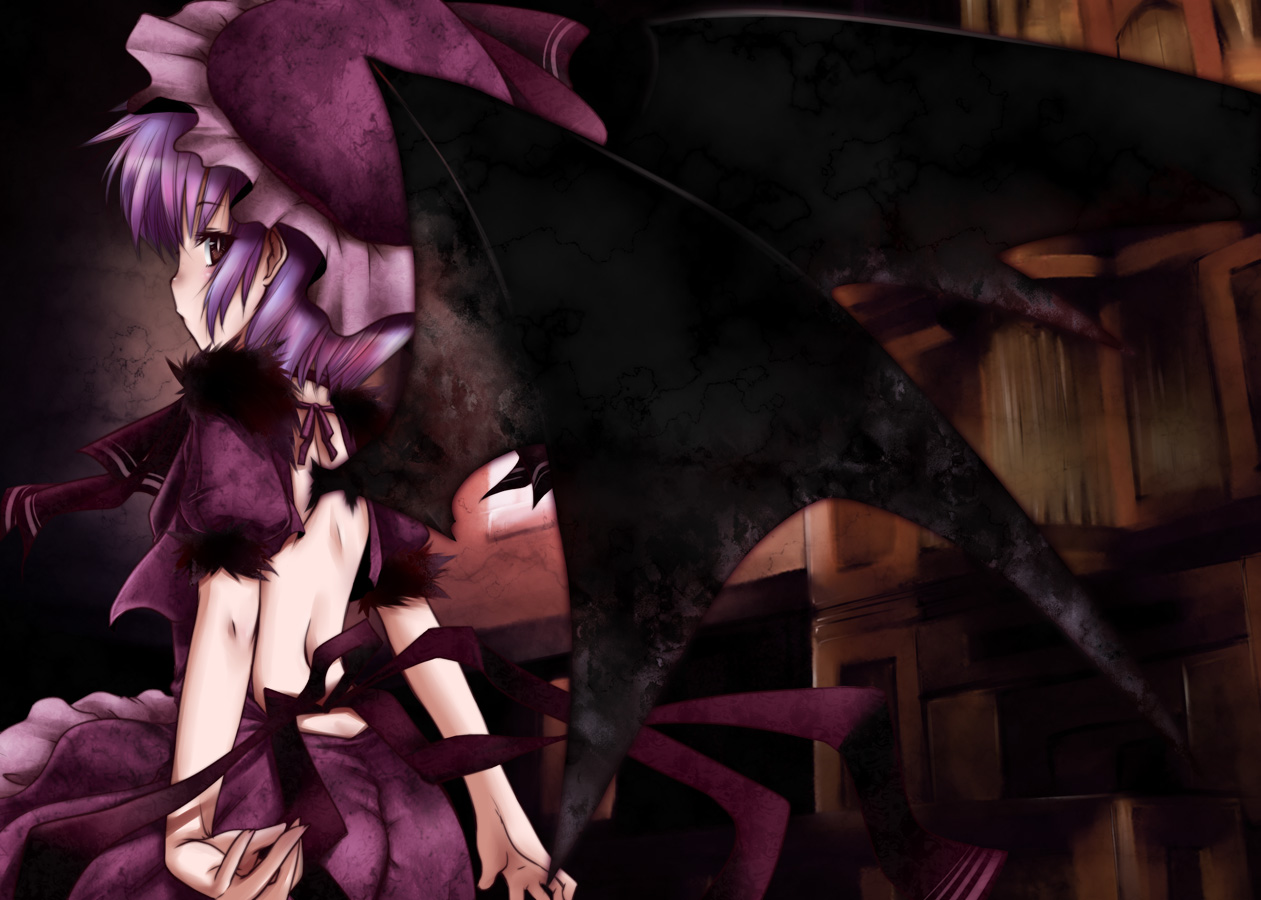 brown_eyes, fujisaki_hikari, hat, purple_hair, remilia_scarlet, short_hair, touhou, vampire, wings