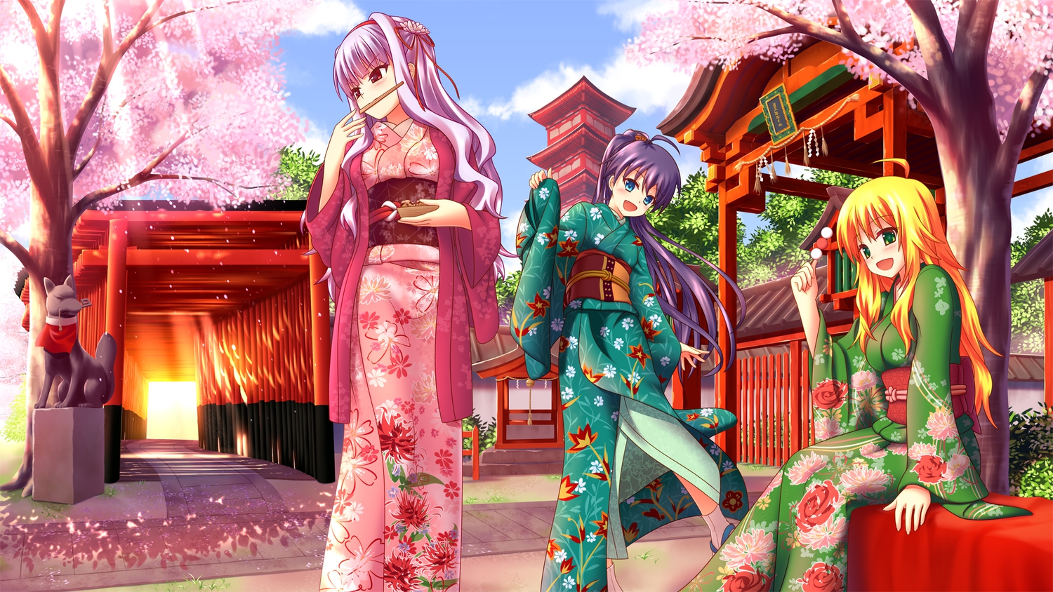 cherry_blossoms, flowers, ganaha_hibiki, hoshii_miki, idolmaster, japanese_clothes, kimono, nazu-na