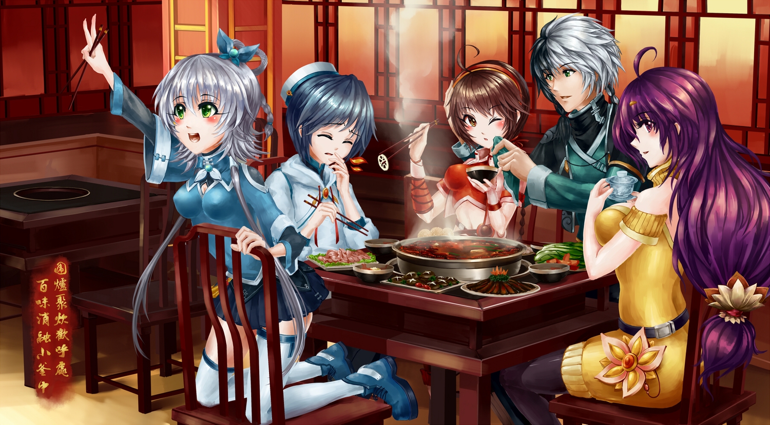 black_hair, blue_hair, brown_eyes, brown_hair, drink, food, gray_hair, green_eyes, group, guolu, hat, headband, long_hair, luo_tianyi, male, mo_qingxian, pantyhose, purple_eyes, purple_hair, short_hair, skirt, thighhighs, translation_request, twintails, vocaloid, vsinger, wink, yuezheng_ling, yuezheng_longya, zhiyu_moke