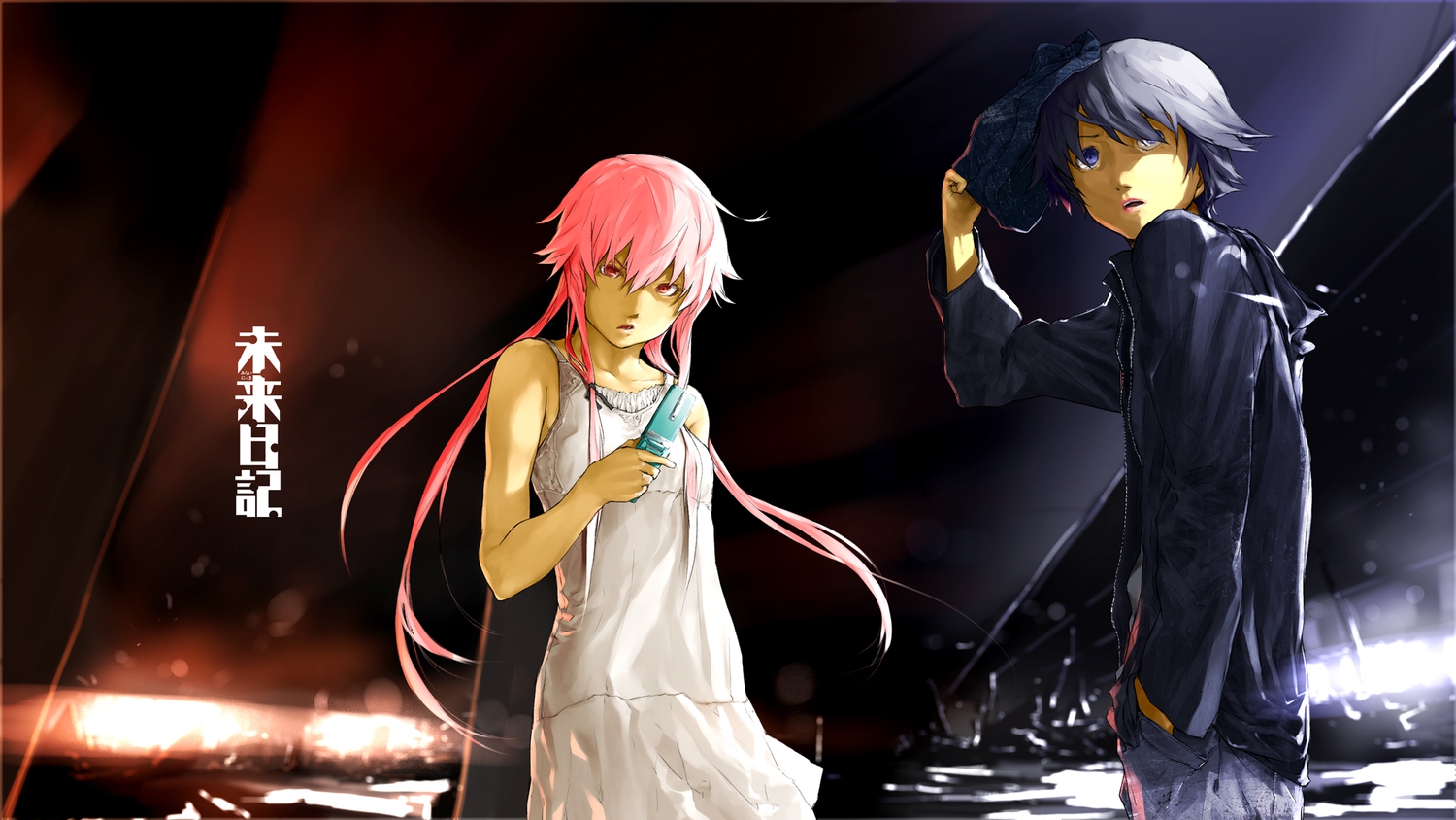 amano_yukiteru, black_hair, blue_eyes, gasai_yuno, loundraw, mirai_nikki, phone, pink_eyes