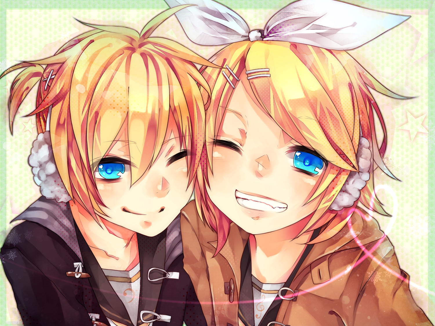 aqua_eyes, blonde_hair, headphones, kagamine_len, kagamine_rin, male, short_hair, vocaloid, wakatsuki_you, wink