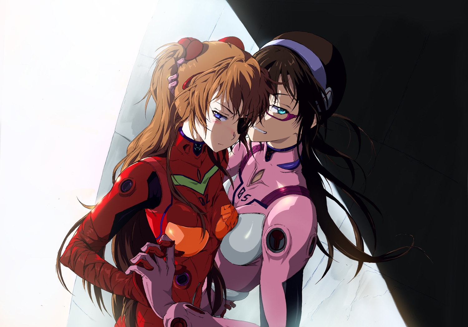 2girls, bodysuit, eyepatch, makinami_mari_illustrious, neon_genesis_evangelion, shiika_sadamasa, skintight, soryu_asuka_langley