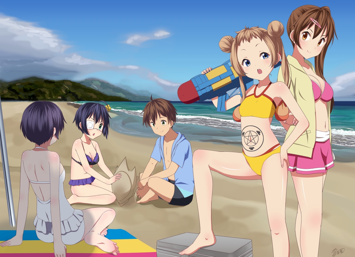 barefoot, beach, chuunibyou_demo_koi_ga_shitai!, dekomori_sanae, group, kuri_youkan, male, nibutani_shinka, swimsuit, tagme, takanashi_rikka, togashi_yuuta, tsuyuri_kumin, water
