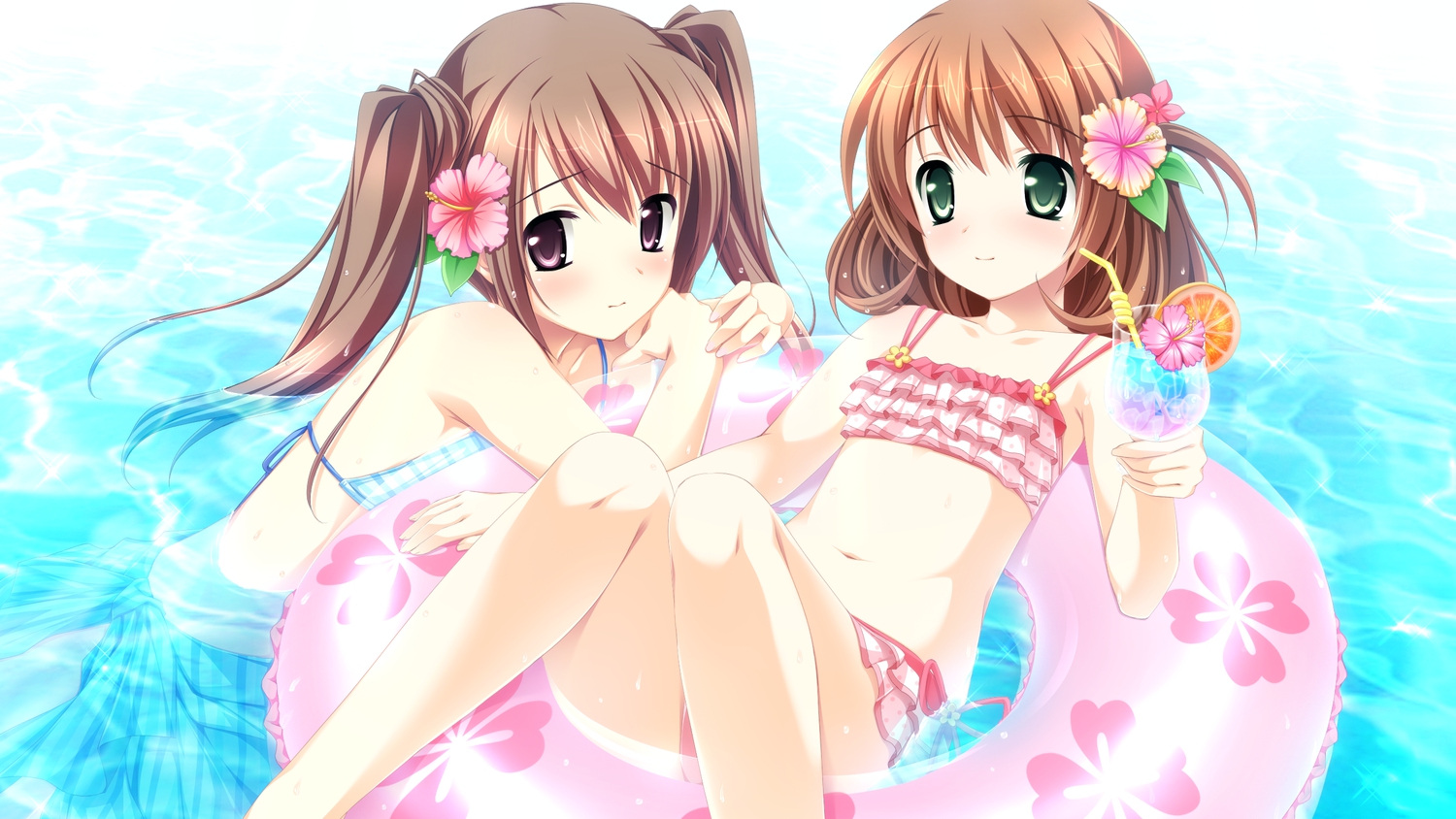 bikini, brown_hair, drink, ensemble_(company), game_cg, inui_yuki, kimishima_ao, male, miyama_mizuki, otoko_no_ko, otome_ga_tsumugu_koi_no_canvas, swimsuit, water