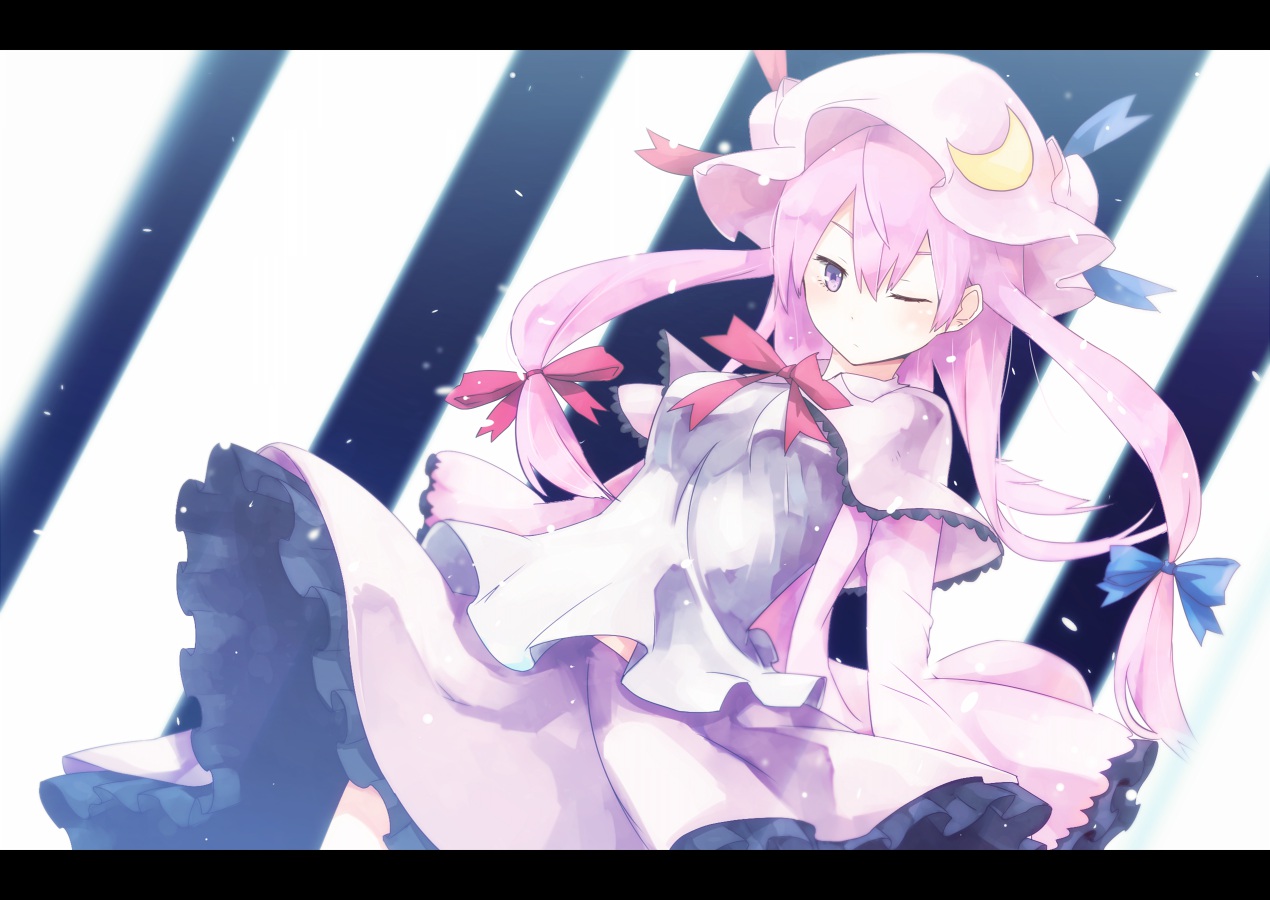 bow, dress, patchouli_knowledge, pink_hair, shirofox, touhou, wink
