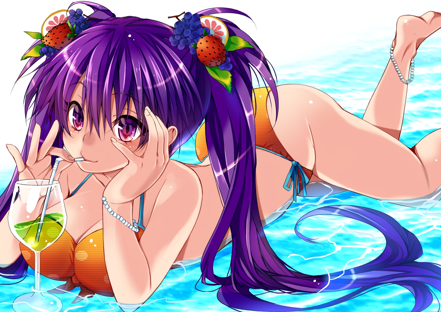 bikini, breasts, cleavage, drink, irie_jun, long_hair, original, purple_eyes, purple_hair, swimsuit, twintails, water, wet