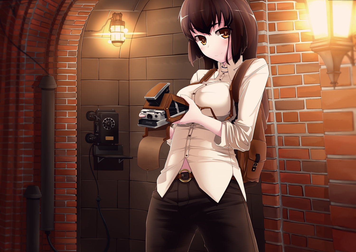 brown_eyes, brown_hair, camera, original, phone, tagme, tama_(speedgrapher)