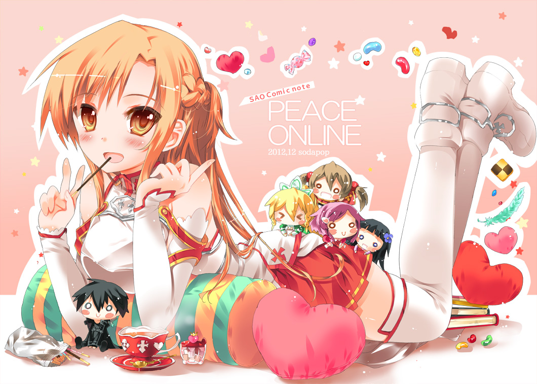 ayano_keiko, chibi, food, jpeg_artifacts, kirigaya_kazuto, kirigaya_suguha, leafa, pocky, shinozaki_rika, sodapop_(iemaki), sword_art_online, thighhighs, yui_(sword_art_online), yuuki_asuna