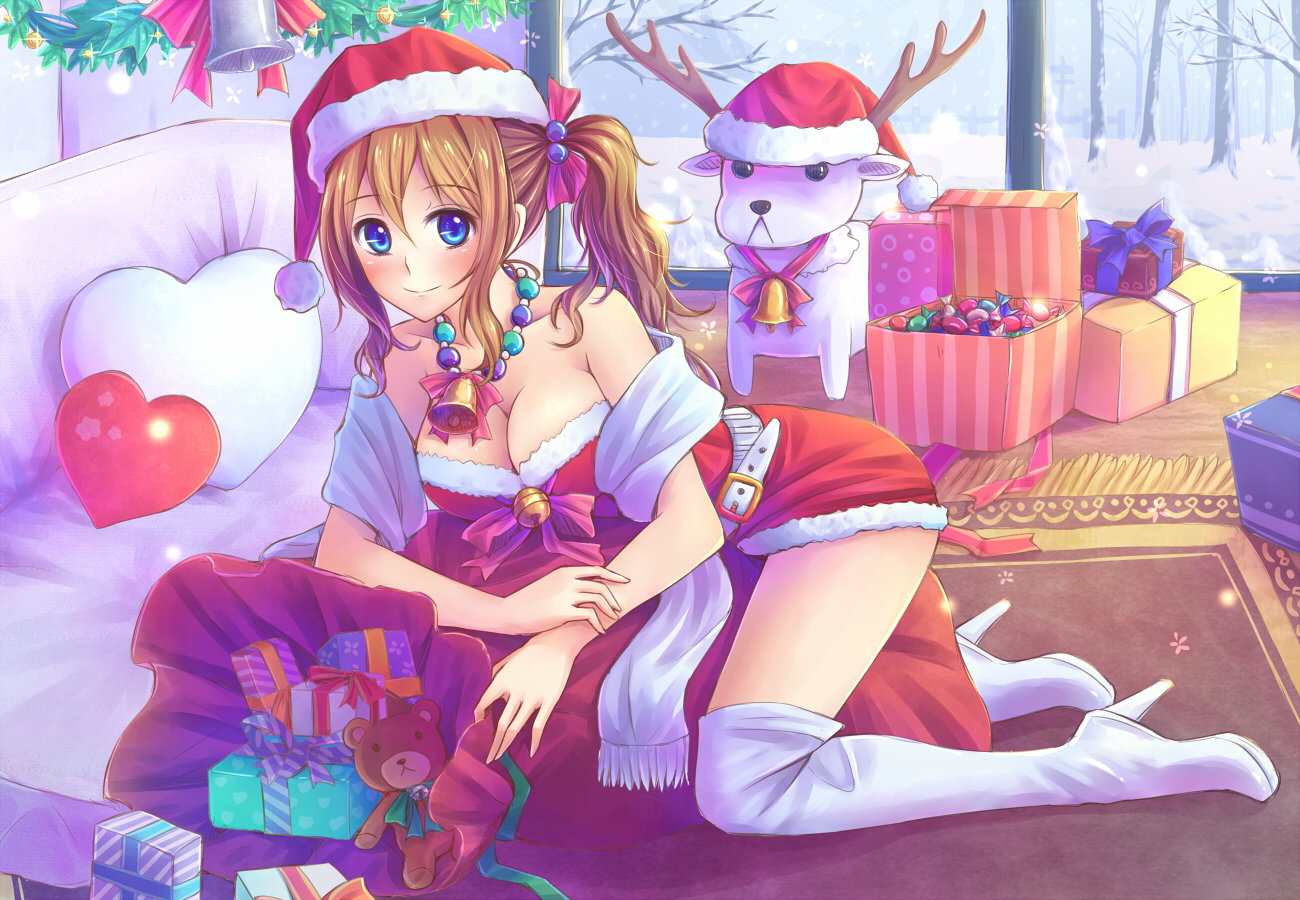 blue_eyes, blush, boots, breasts, brown_hair, candy, christmas, cleavage